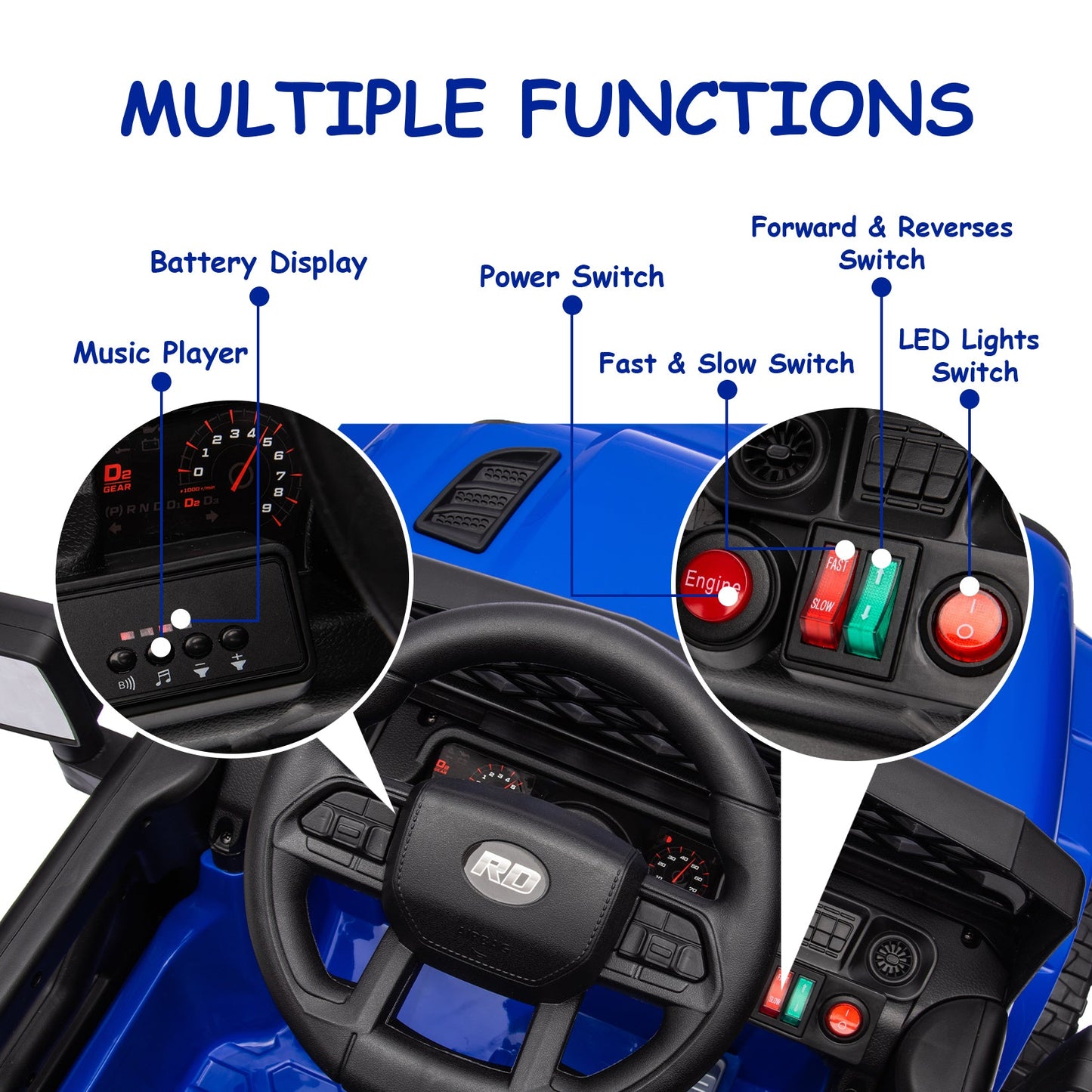 Garvee Ride - P Series: 12V Kids Ride On Truck for Toddles age 3+,with 2.4G Remote Control, Spring Suspension, Battery Display, LED Lights, Music, Battery Powered Ride on Car - Dark Blue