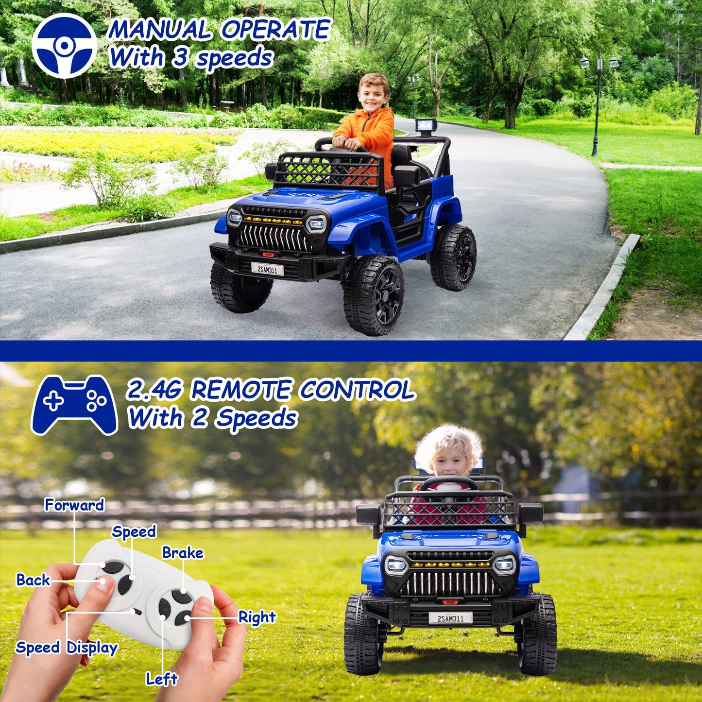 Garvee Ride - P Series: 12V Kids Ride On Truck for Toddles age 3+,with 2.4G Remote Control, Spring Suspension, Battery Display, LED Lights, Music, Battery Powered Ride on Car - Dark Blue