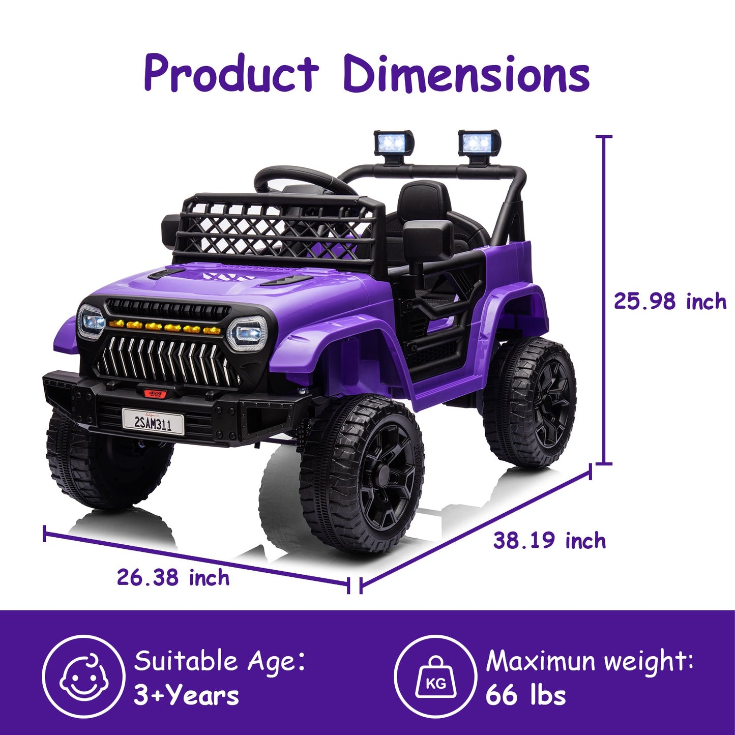 Garvee Ride - P Series: 12V Kids Ride On Truck for Toddles age 3+,with 2.4G Remote Control, Spring Suspension, Battery Display, LED Lights, Music, Battery Powered Ride on Car - Purple