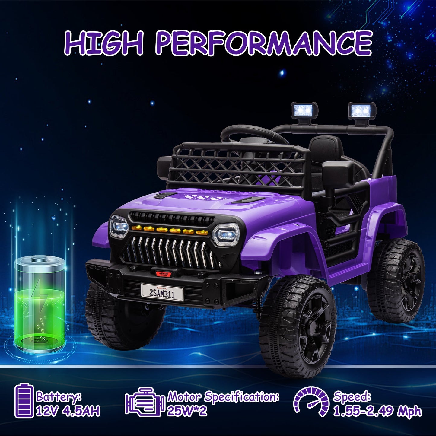 Garvee Ride - P Series: 12V Kids Ride On Truck for Toddles age 3+,with 2.4G Remote Control, Spring Suspension, Battery Display, LED Lights, Music, Battery Powered Ride on Car - Purple