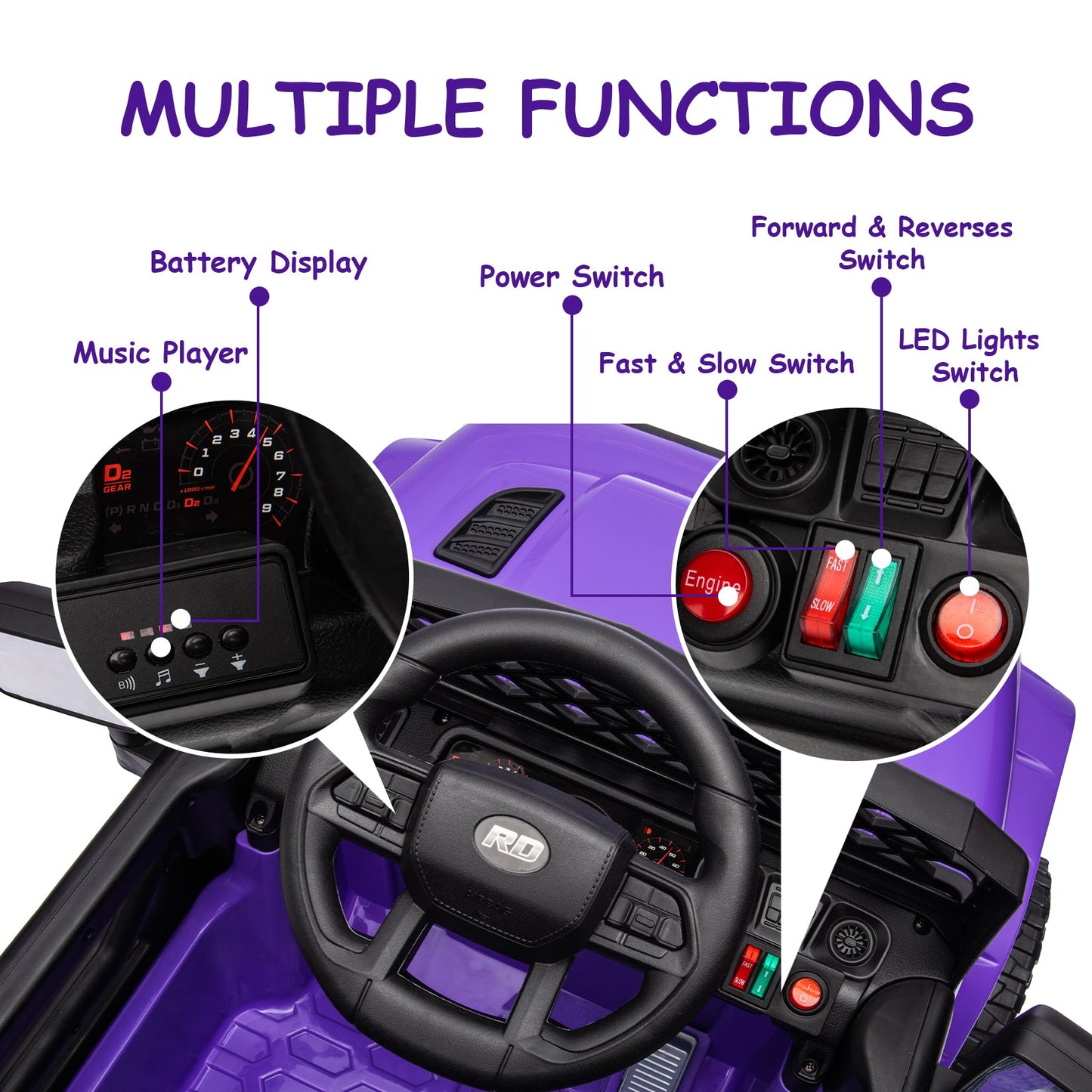 Garvee Ride - P Series: 12V Kids Ride On Truck for Toddles age 3+,with 2.4G Remote Control, Spring Suspension, Battery Display, LED Lights, Music, Battery Powered Ride on Car - Purple