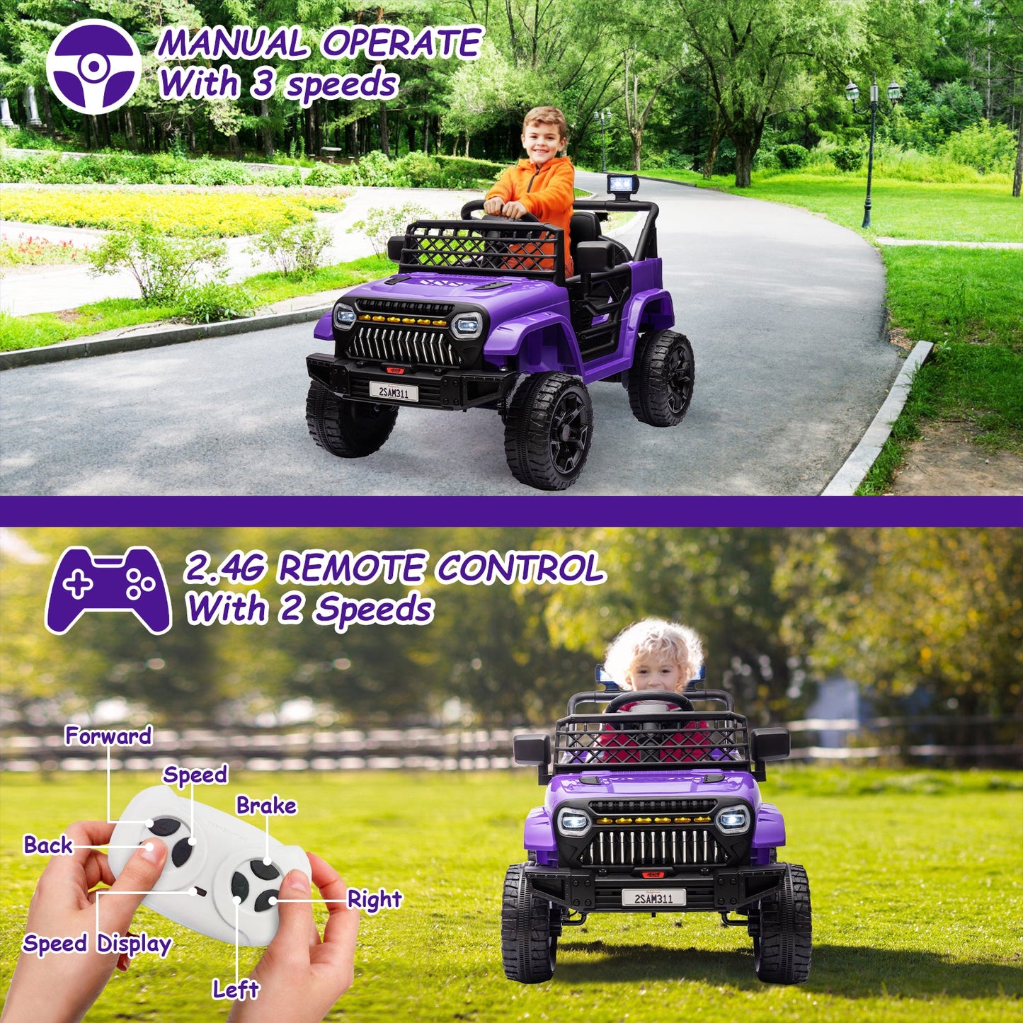 Garvee Ride - P Series: 12V Kids Ride On Truck for Toddles age 3+,with 2.4G Remote Control, Spring Suspension, Battery Display, LED Lights, Music, Battery Powered Ride on Car - Purple