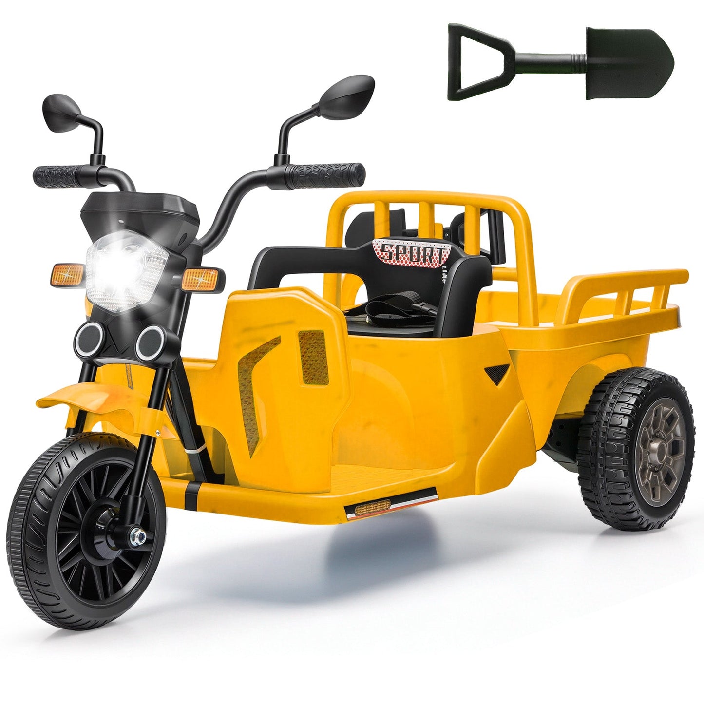 Garvee Ride P Series 3-Wheels Electric Tricycle w/Trailer, 12V Battery Powered Kids Motorcycle with Sand Shovel, 2x55W Motors, Bluetooth, Music, Headlight, Ride on Motorcycle for Kids Toddlers, Gift for Boys Girls, Yellow