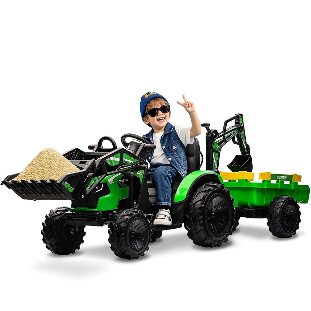 Garvee Ride P Series 3-in-1 Ride-On Tractor, 24V Electric, Excavator & Bulldozer, Remote Control, LED, Music, USB/Bluetooth max 66 lbs - Bright-green