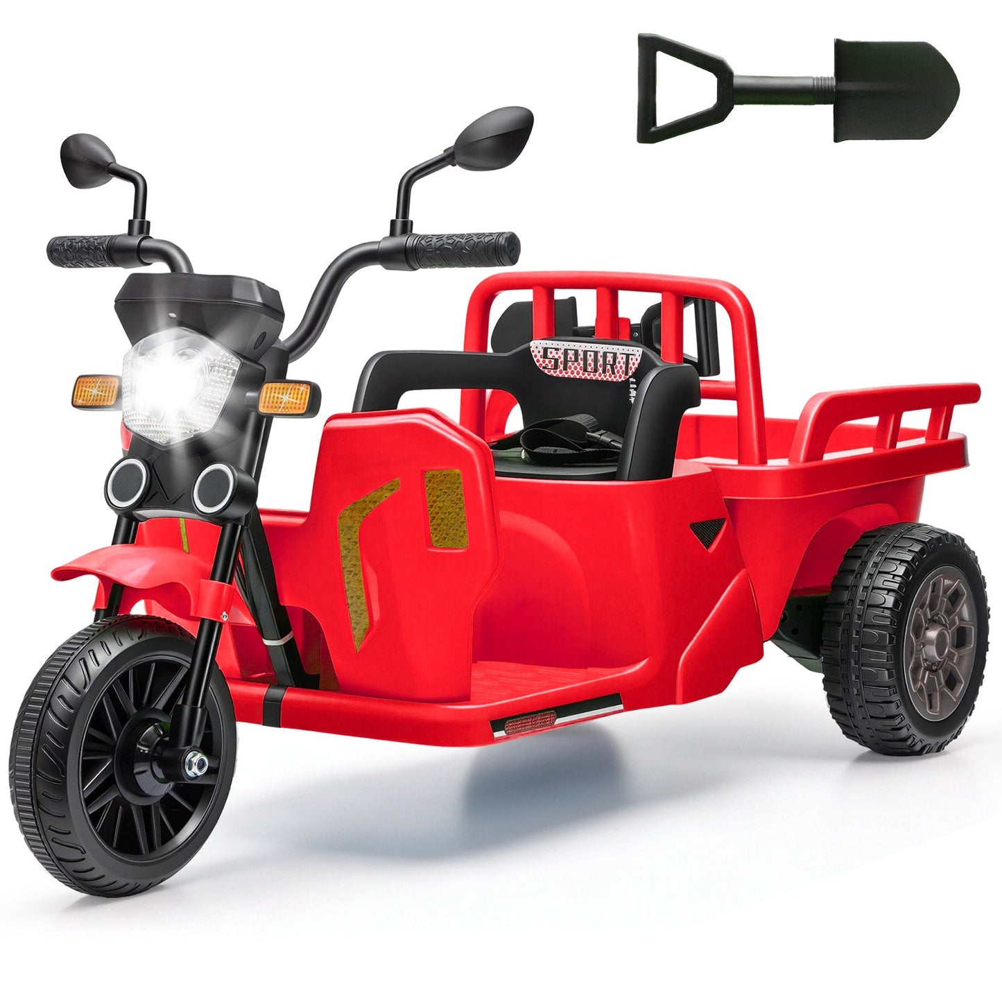 Garvee Ride P Series 3-Wheels Electric Tricycle w/Trailer, 12V Battery Powered Kids Motorcycle with Sand Shovel, 2x55W Motors, Bluetooth, Music, Headlight, Ride on Motorcycle for Kids Toddlers, Gift for Boys Girls,  Red