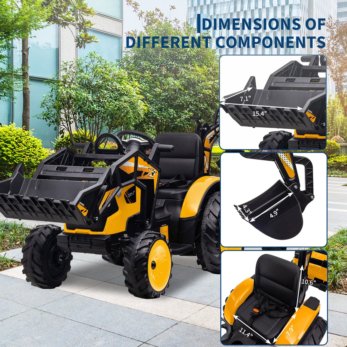 Garvee Ride P Series 3-in-1 Ride-On Tractor, 24V Electric, Excavator & Bulldozer, Remote Control, LED, Music, USB/Bluetooth max 66 lbs - Bright-Yellow