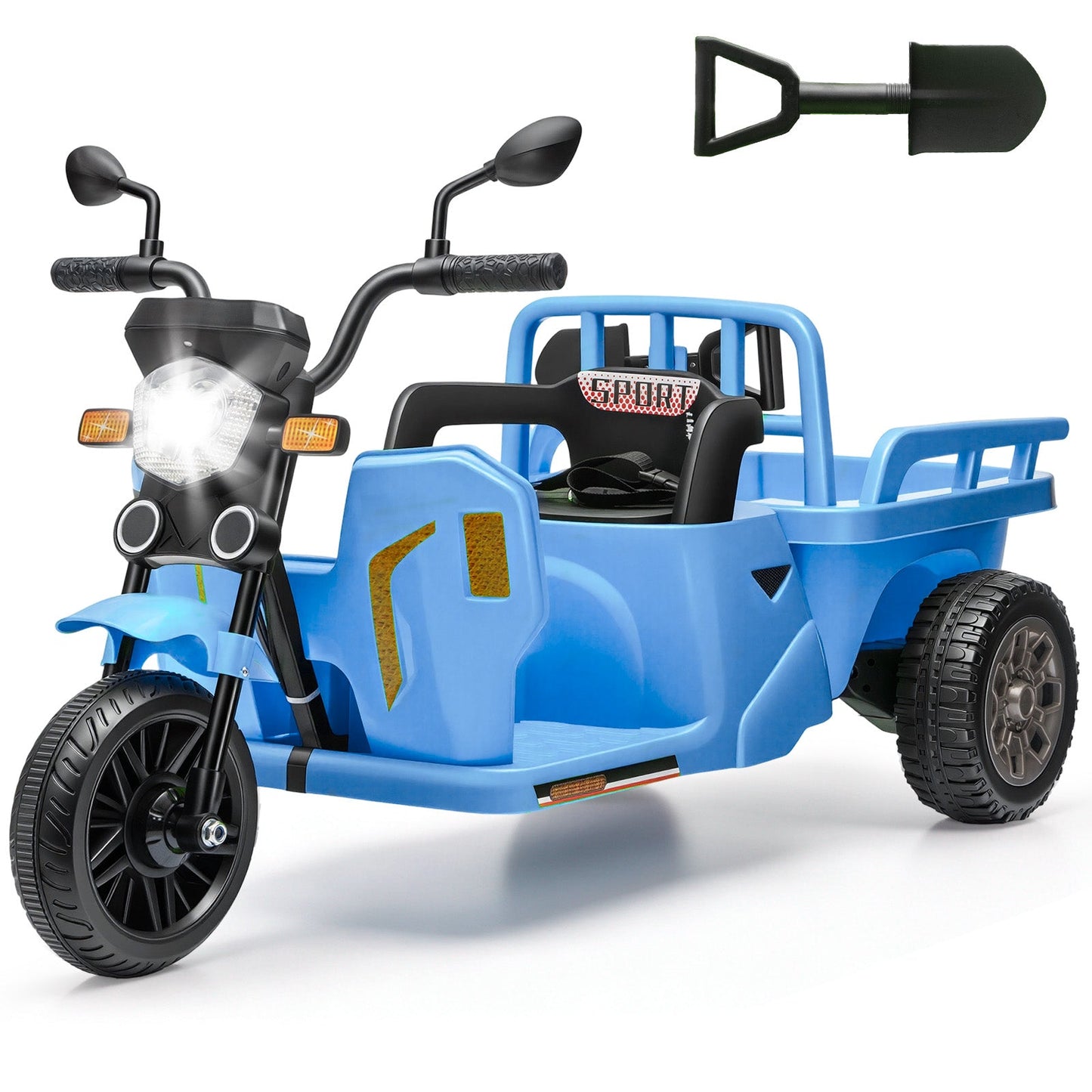 Garvee Ride P Series 3-Wheels Electric Tricycle w/Trailer, 12V Battery Powered Kids Motorcycle with Sand Shovel, 2x55W Motors, Bluetooth, Music, Headlight, Ride on Motorcycle for Kids Toddlers, Gift for Boys Girls, Light Blue