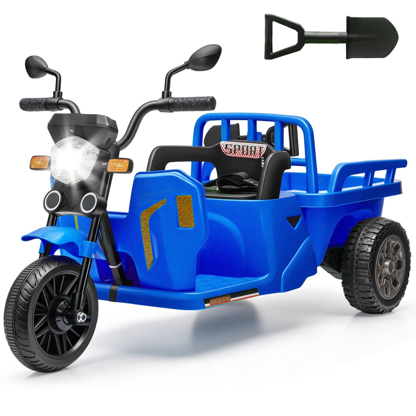 Garvee Ride P Series 3-Wheels Electric Tricycle w/Trailer, 12V Battery Powered Kids Motorcycle with Sand Shovel, 2x55W Motors, Bluetooth, Music, Headlight, Ride on Motorcycle for Kids Toddlers, Gift for Boys Girls, Dark Blue