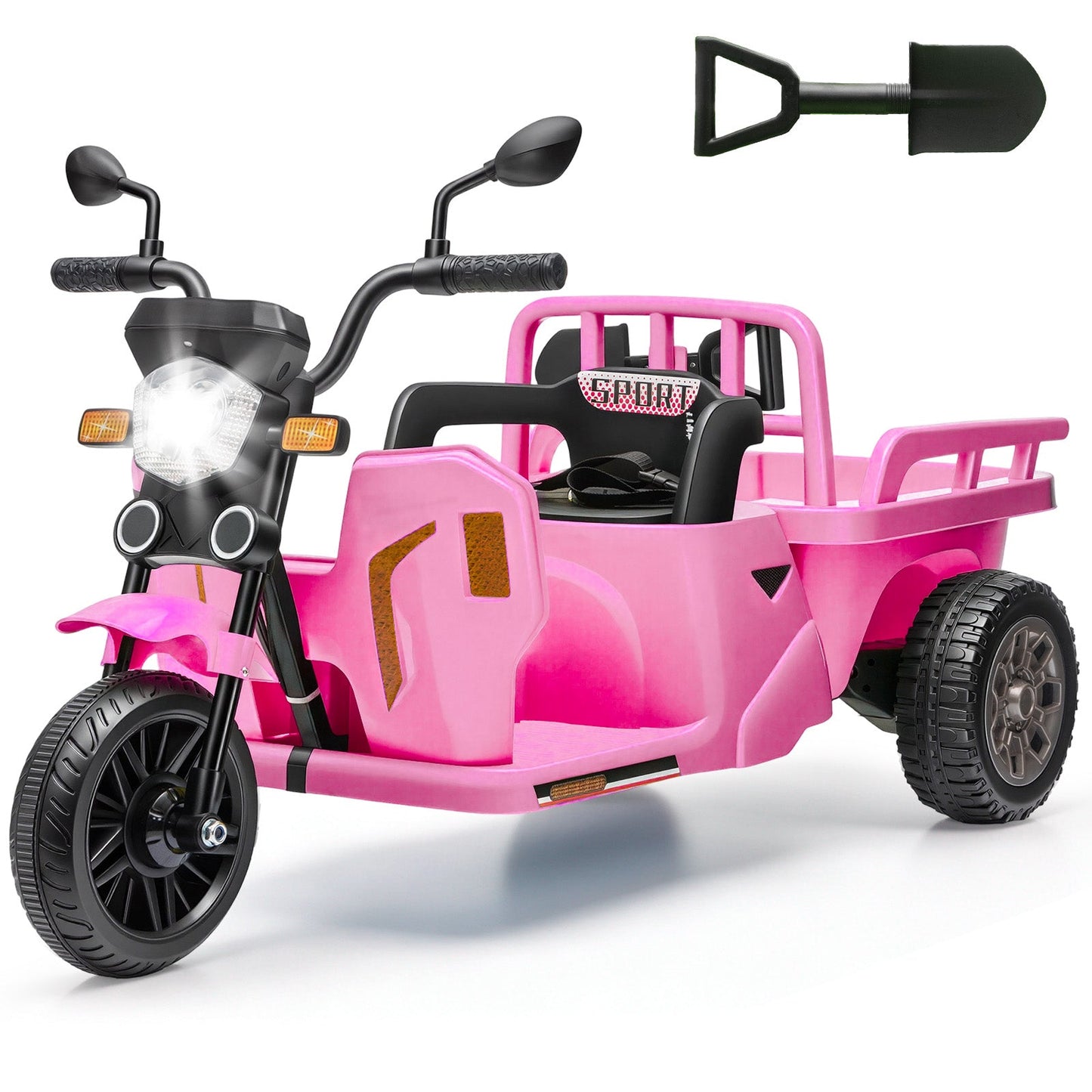 Garvee Ride P Series 3-Wheels Electric Tricycle w/Trailer, 12V Battery Powered Kids Motorcycle with Sand Shovel, 2x55W Motors, Bluetooth, Music, Headlight, Ride on Motorcycle for Kids Toddlers, Gift for Boys Girls, Pink