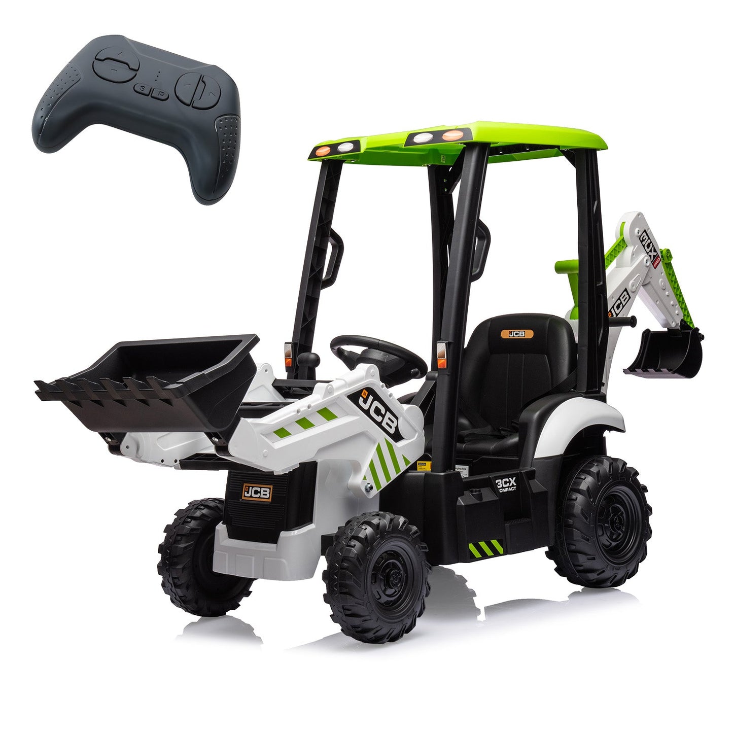 Garvee Ride - P Series: 4-in-1 Ride-On Tractor for Kids: Excavator, Bulldozer, Removable Tent, 12V Battery, Remote Control, Front Loader, Horn, EVA Tires - White