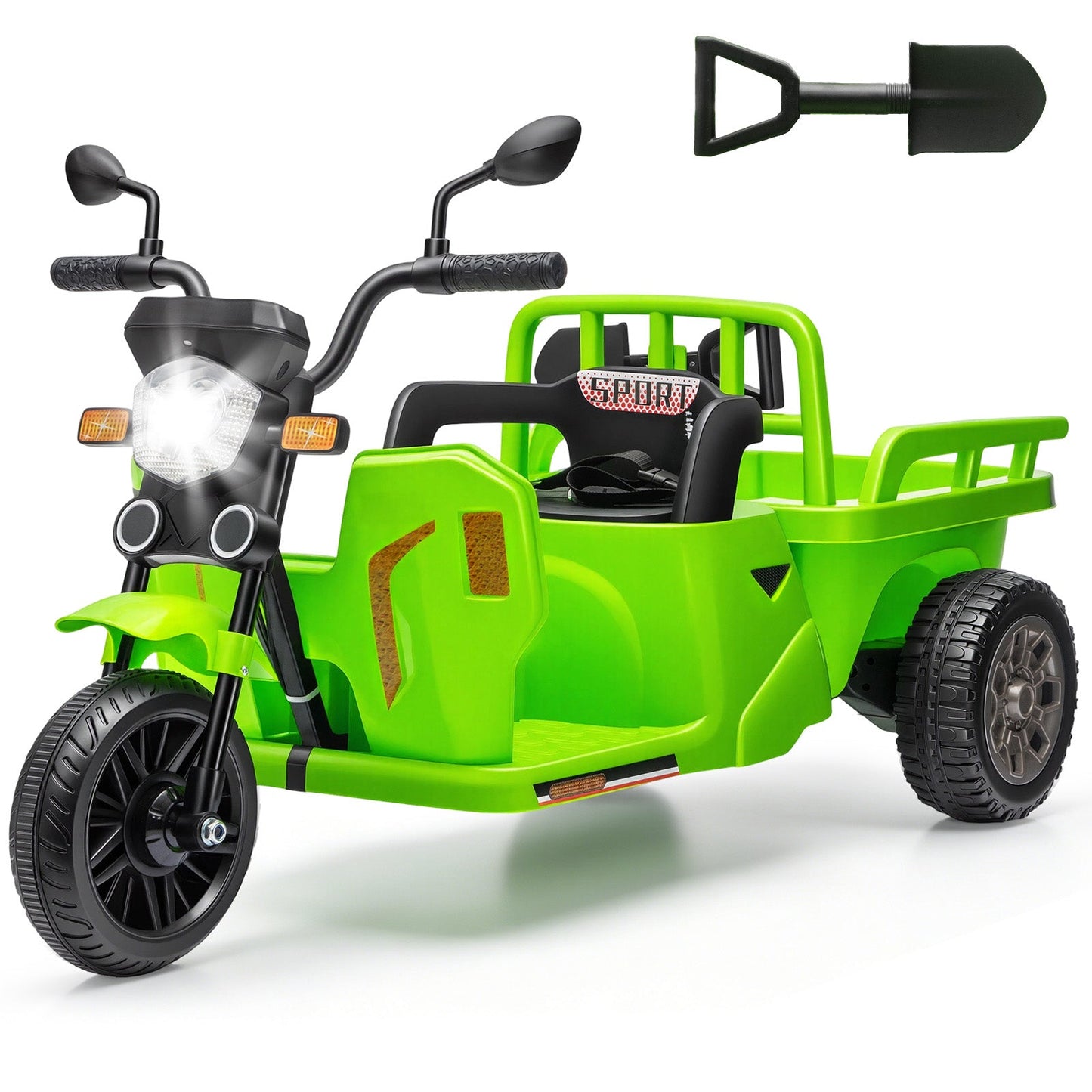 Garvee Ride P Series 3-Wheels Electric Tricycle w/Trailer, 12V Battery Powered Kids Motorcycle with Sand Shovel, 2x55W Motors, Bluetooth, Music, Headlight, Ride on Motorcycle for Kids Toddlers, Gift for Boys Girls, Green