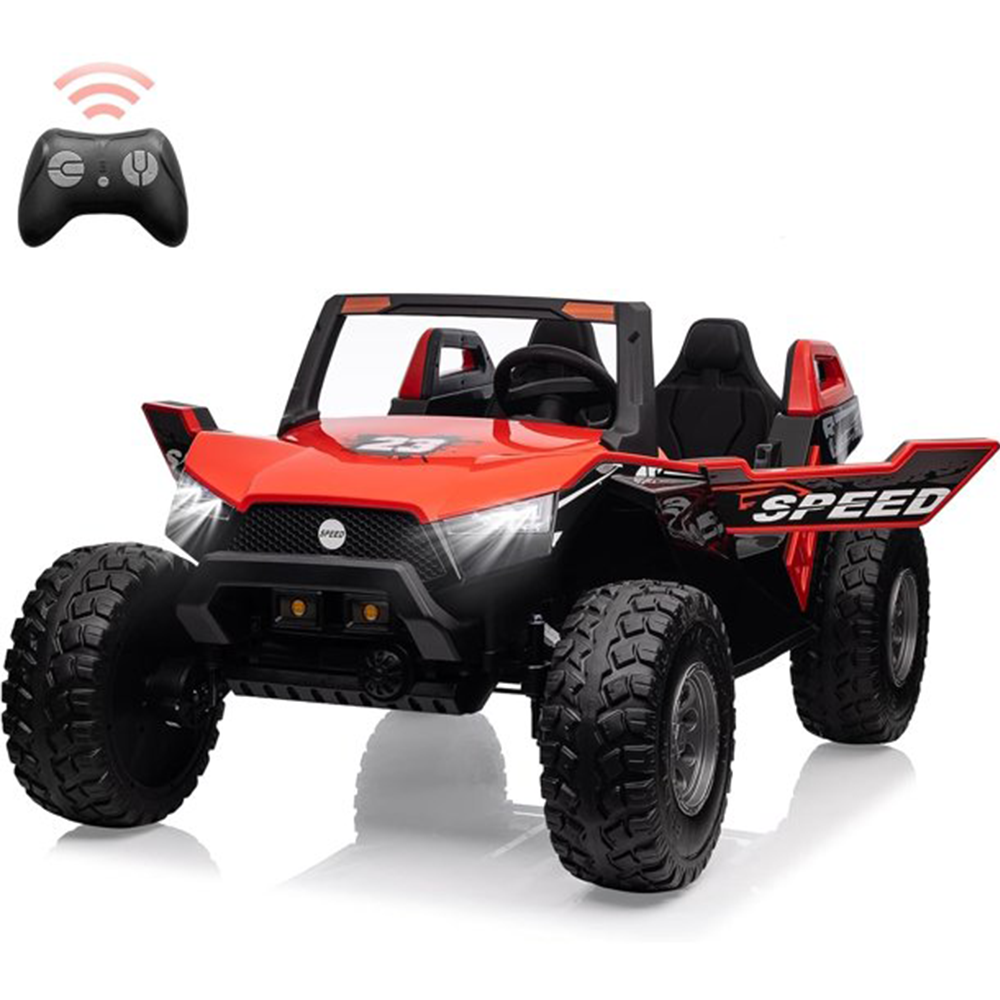 Garvee Ride - P Series: 24V 2-Seater Ride-On UTV: Remote Control, 4WD Motors, 21" Seats + Foldable Seat, 15.4" EVA Wheels, Music, LED Lights, 140lb Max Load - Red