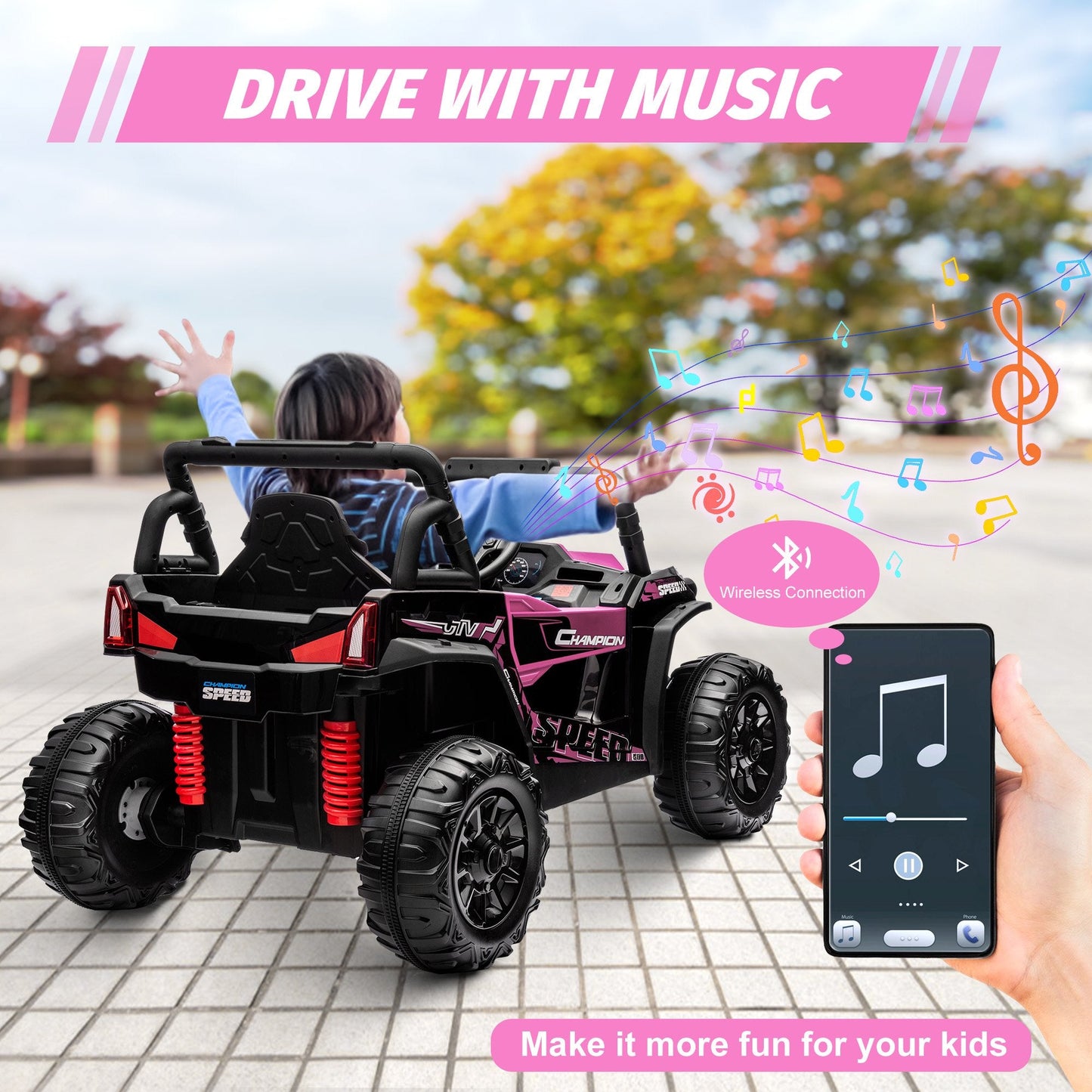 Garvee Ride - P Series: 12V Toy Electric Truck Utv with Large Wide Seat and Remote Control, Led Lights, Wireless Connection, Music, 2 Spring Suspension for 3-8 Boys & Girls