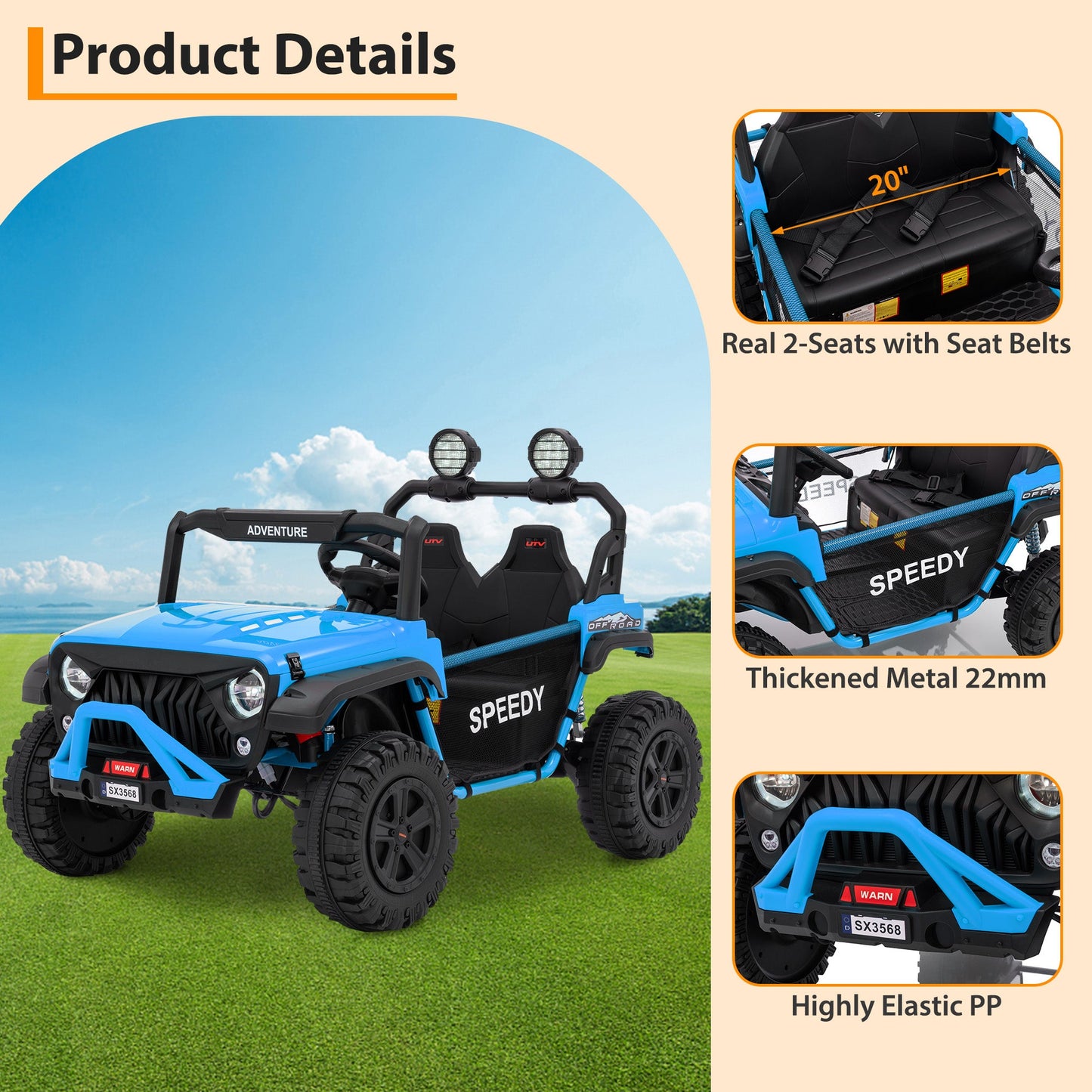 Garvee Ride P Series 24V Kids Toddler Ride On Truck 4WD 3 Speeds Large 7AH Battery Bluetooth MP3 Parent Safety Brake Red Outdoor Play - Blue