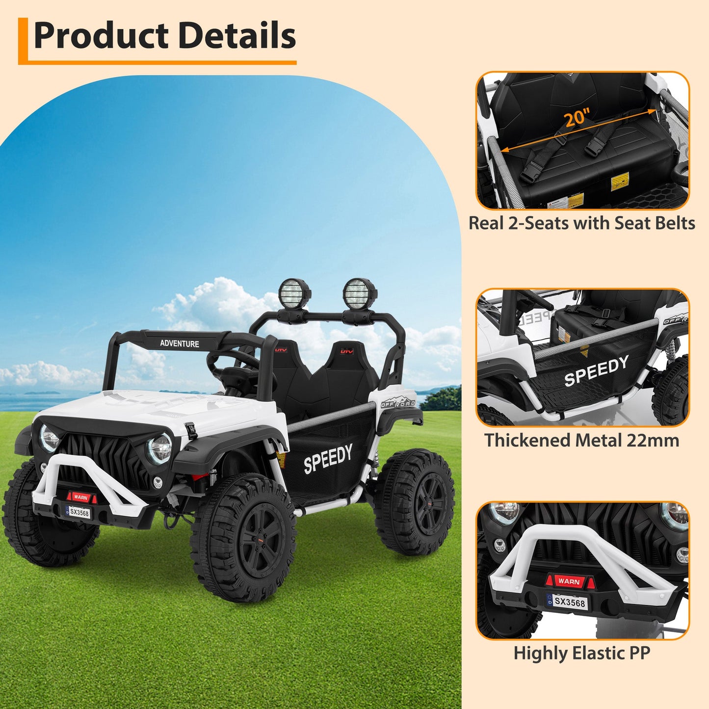 Garvee Ride P Series 24V Kids Toddler Ride On Truck 4WD 3 Speeds Large 7AH Battery Bluetooth MP3 Parent Safety Brake Red Outdoor Play - White