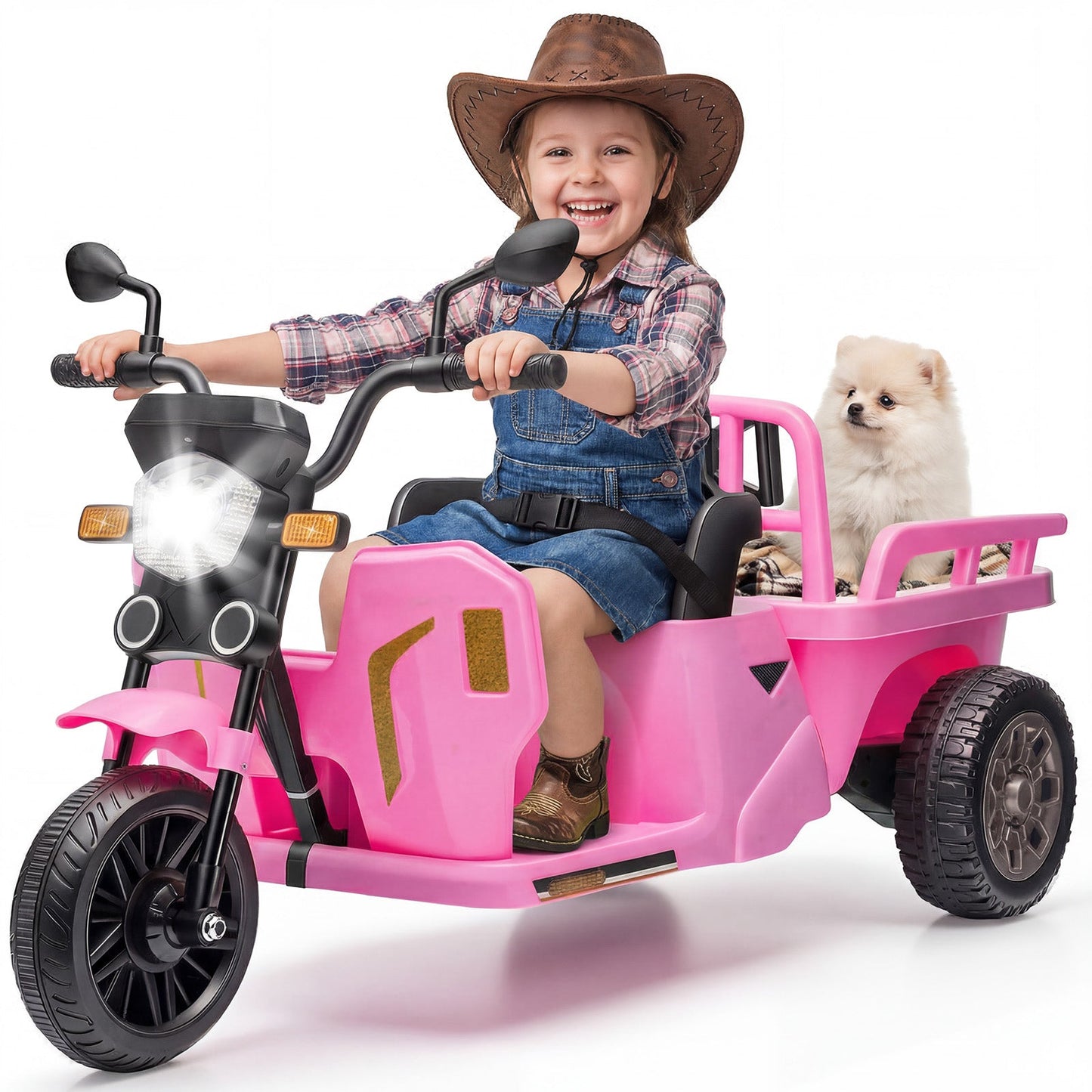 Garvee Ride P Series 3-Wheels Electric Tricycle w/Trailer, 12V Battery Powered Kids Motorcycle with Sand Shovel, 2x55W Motors, Bluetooth, Music, Headlight, Ride on Motorcycle for Kids Toddlers, Gift for Boys Girls, Pink
