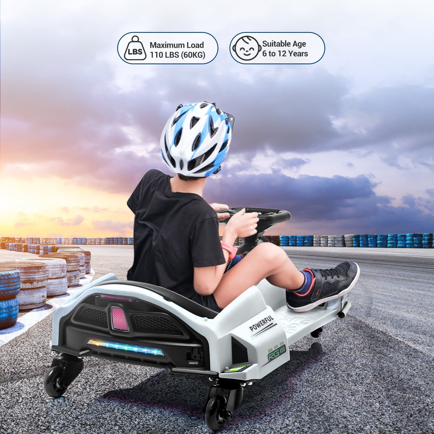 Garvee Ride - G Series: 24V Drift Go-Kart for Kids: Quality Metal, 7.5mph, LED, Music, for 8-12 Years Old - White