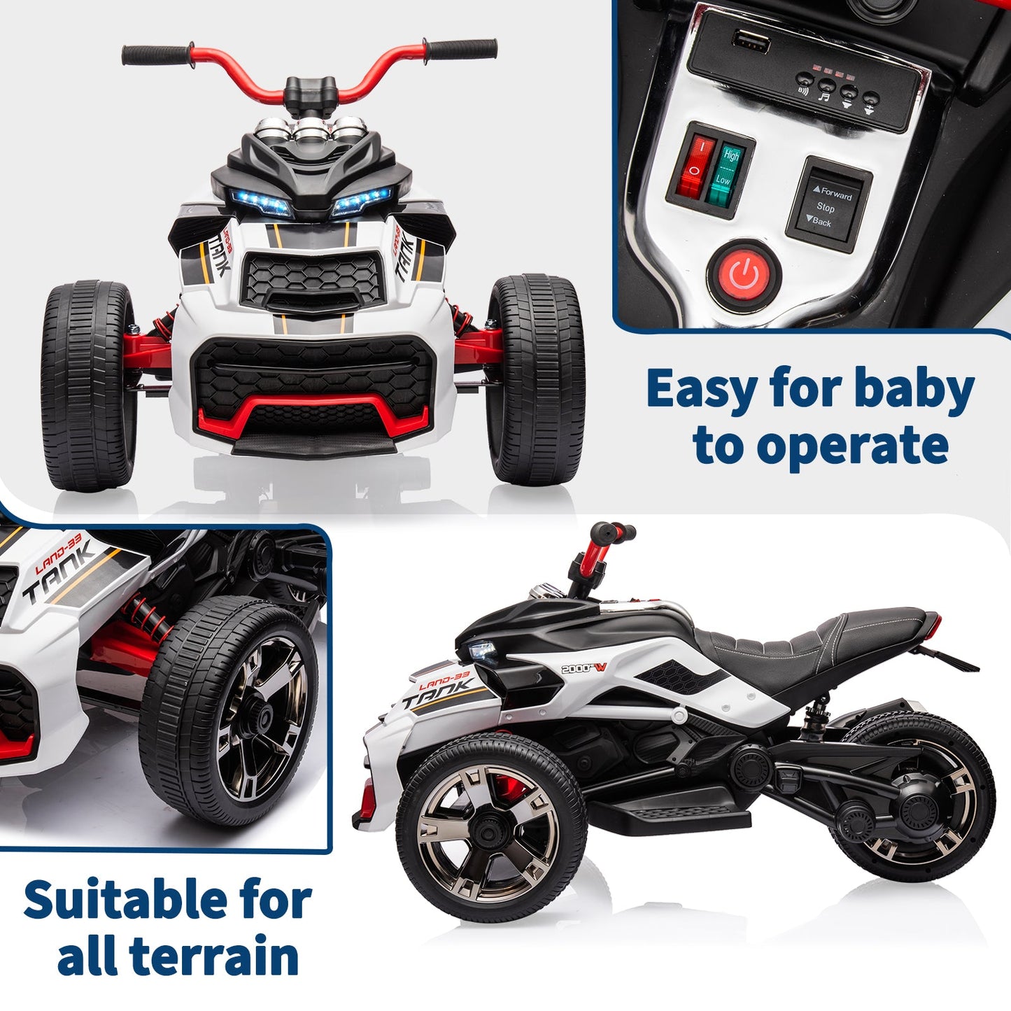 Garvee 12V Kids Ride on Toy for Kids, 2x55W Powerful Engine 7AH Battery, 3 - 7 km/H, 3 Wheelers Electric Vehicle, LED Lights, 2 Speeds, EVA Tire, Music, USB - White