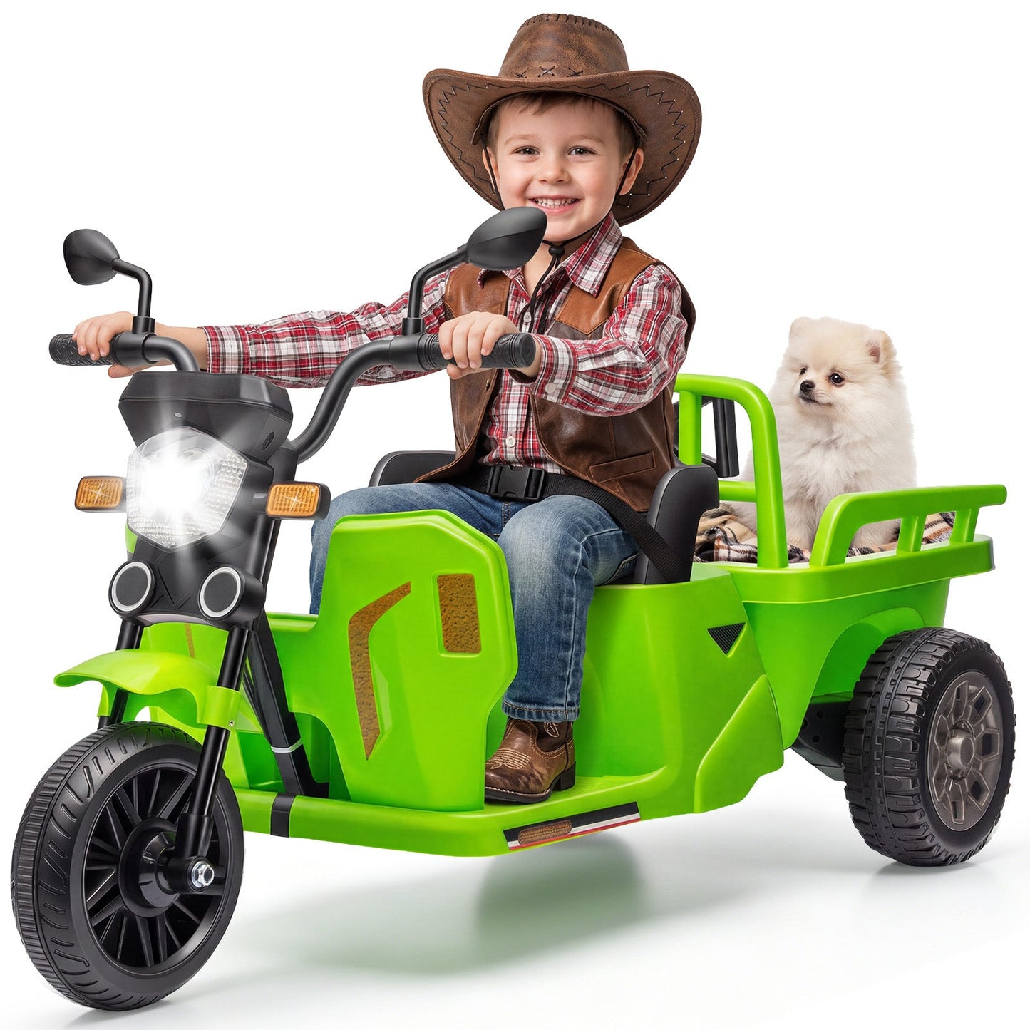 Garvee Ride P Series 3-Wheels Electric Tricycle w/Trailer, 12V Battery Powered Kids Motorcycle with Sand Shovel, 2x55W Motors, Bluetooth, Music, Headlight, Ride on Motorcycle for Kids Toddlers, Gift for Boys Girls, Green