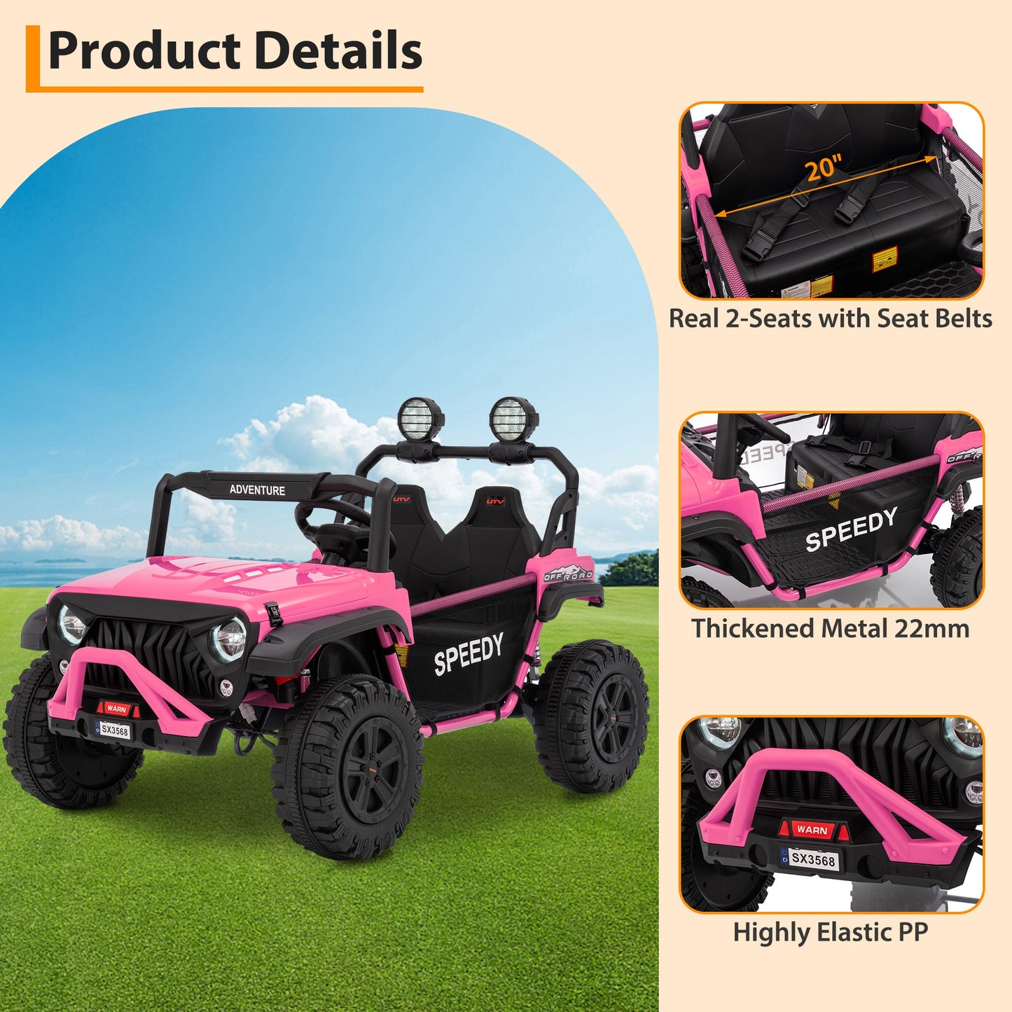 Garvee Ride P Series 24V Kids Toddler Ride On Truck 4WD 3 Speeds Large 7AH Battery Bluetooth MP3 Parent Safety Brake Red Outdoor Play - Pink