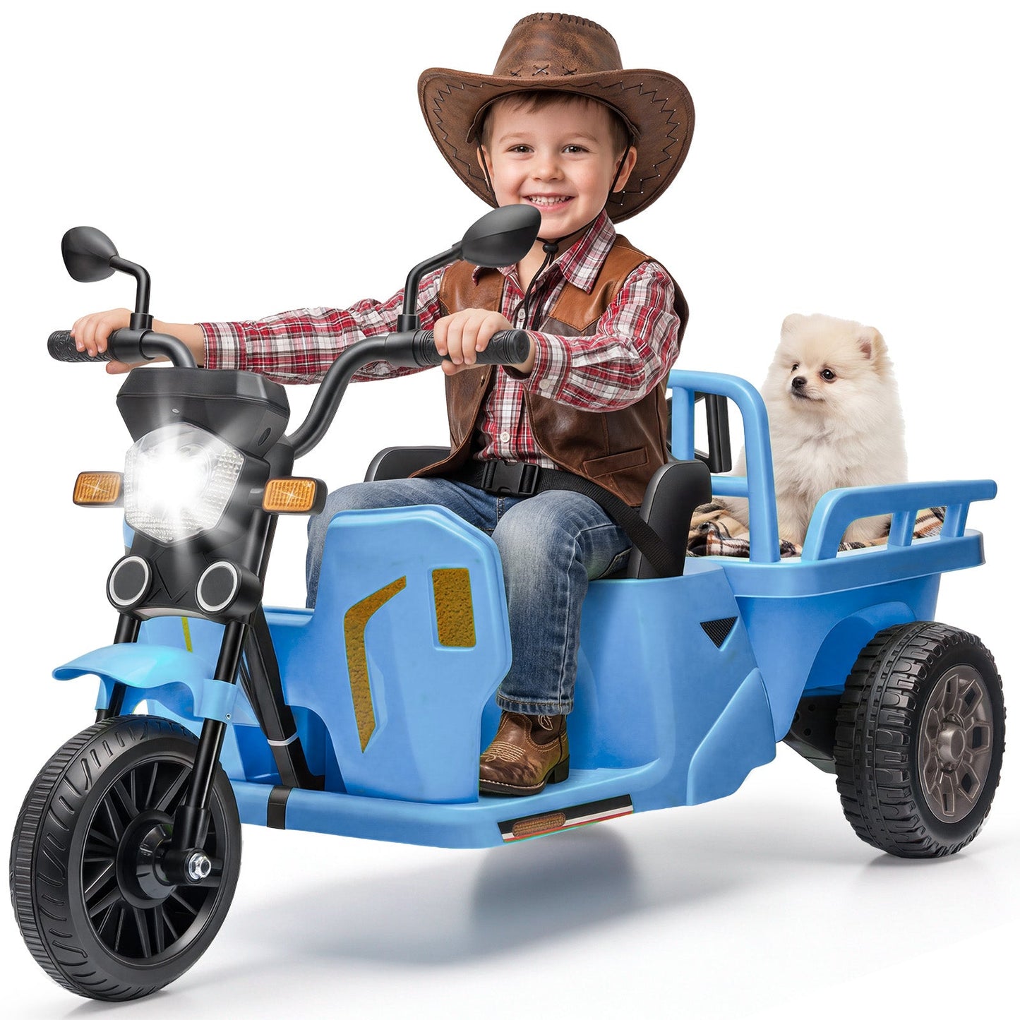 Garvee Ride P Series 3-Wheels Electric Tricycle w/Trailer, 12V Battery Powered Kids Motorcycle with Sand Shovel, 2x55W Motors, Bluetooth, Music, Headlight, Ride on Motorcycle for Kids Toddlers, Gift for Boys Girls, Light Blue