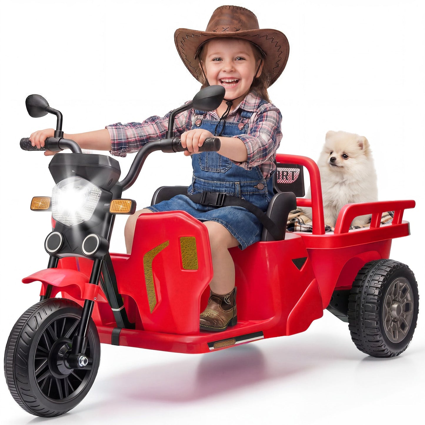 Garvee Ride P Series 3-Wheels Electric Tricycle w/Trailer, 12V Battery Powered Kids Motorcycle with Sand Shovel, 2x55W Motors, Bluetooth, Music, Headlight, Ride on Motorcycle for Kids Toddlers, Gift for Boys Girls,  Red