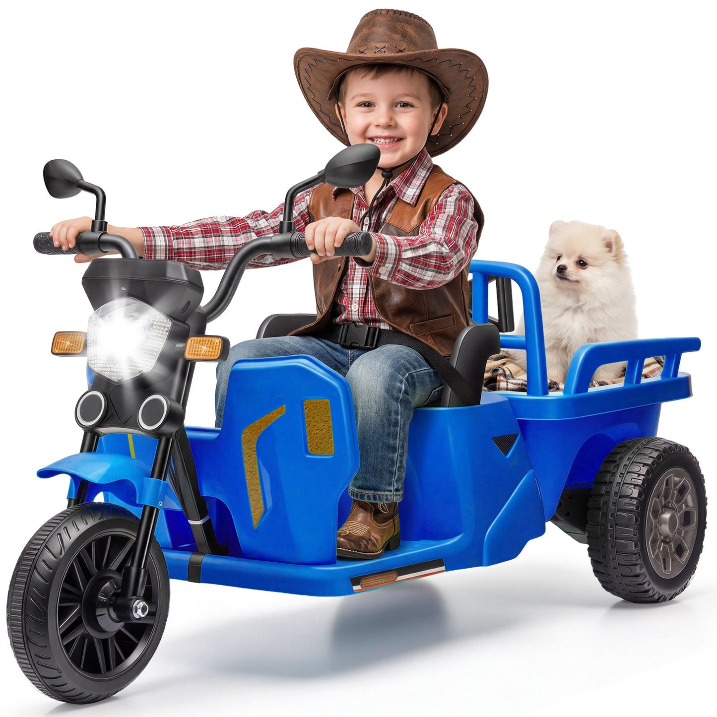 Garvee Ride P Series 3-Wheels Electric Tricycle w/Trailer, 12V Battery Powered Kids Motorcycle with Sand Shovel, 2x55W Motors, Bluetooth, Music, Headlight, Ride on Motorcycle for Kids Toddlers, Gift for Boys Girls, Dark Blue