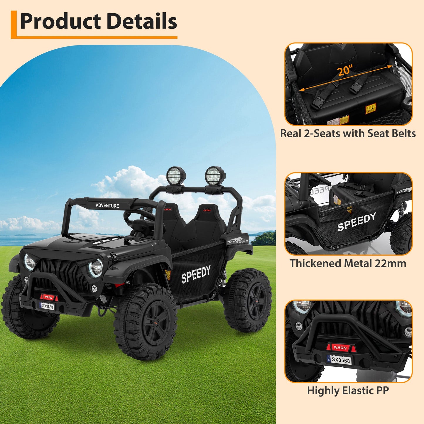 Garvee Ride P Series 24V Kids Toddler Ride On Truck 4WD 3 Speeds Large 7AH Battery Bluetooth MP3 Parent Safety Brake Red Outdoor Play - Black