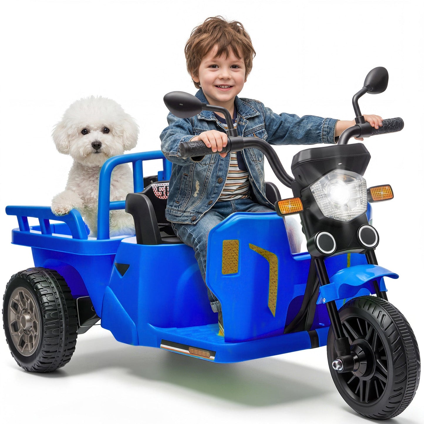 Garvee Ride P Series 3-Wheels Electric Tricycle w/Trailer, 12V Battery Powered Kids Motorcycle with Sand Shovel, 2x55W Motors, Bluetooth, Music, Headlight, Ride on Motorcycle for Kids Toddlers, Gift for Boys Girls, Dark Blue