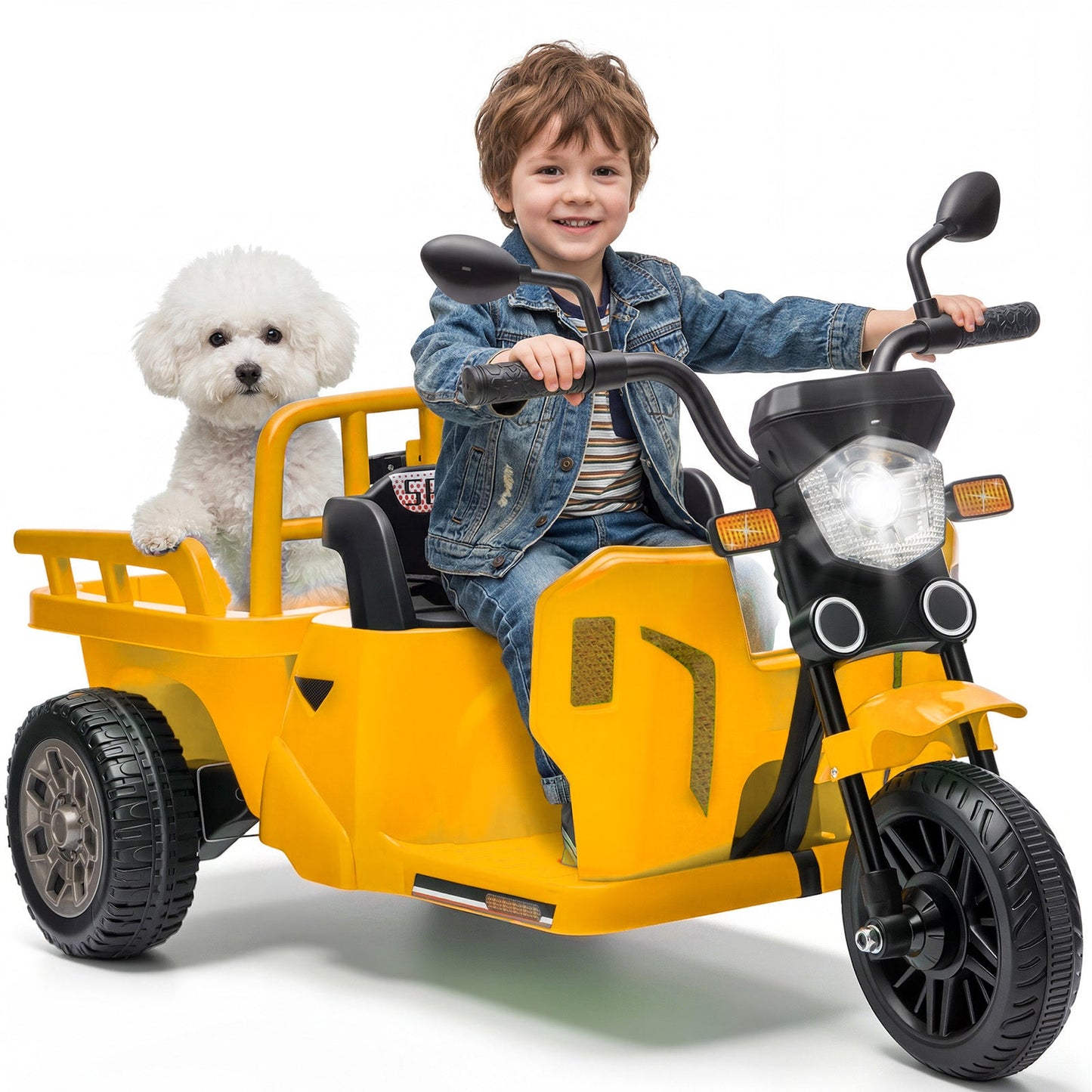 Garvee Ride P Series 3-Wheels Electric Tricycle w/Trailer, 12V Battery Powered Kids Motorcycle with Sand Shovel, 2x55W Motors, Bluetooth, Music, Headlight, Ride on Motorcycle for Kids Toddlers, Gift for Boys Girls, Yellow
