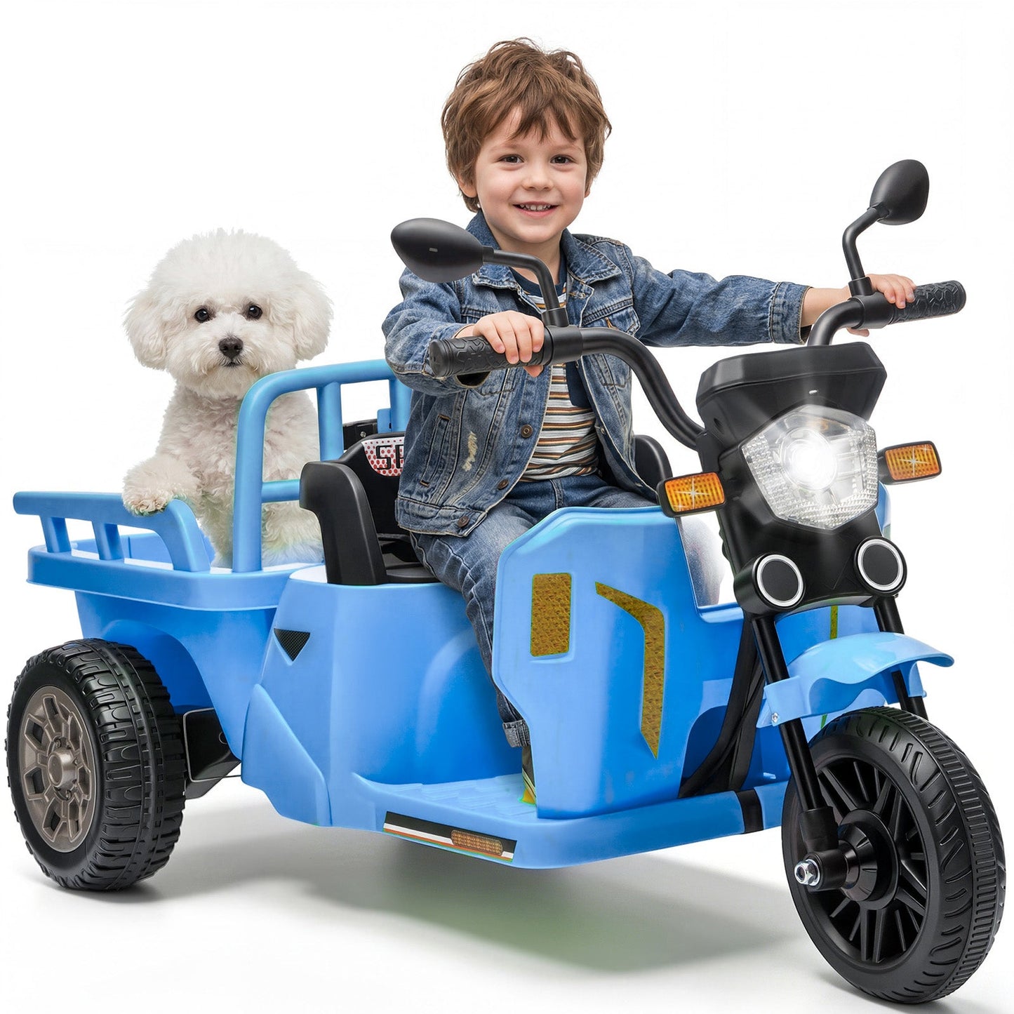 Garvee Ride P Series 3-Wheels Electric Tricycle w/Trailer, 12V Battery Powered Kids Motorcycle with Sand Shovel, 2x55W Motors, Bluetooth, Music, Headlight, Ride on Motorcycle for Kids Toddlers, Gift for Boys Girls, Light Blue