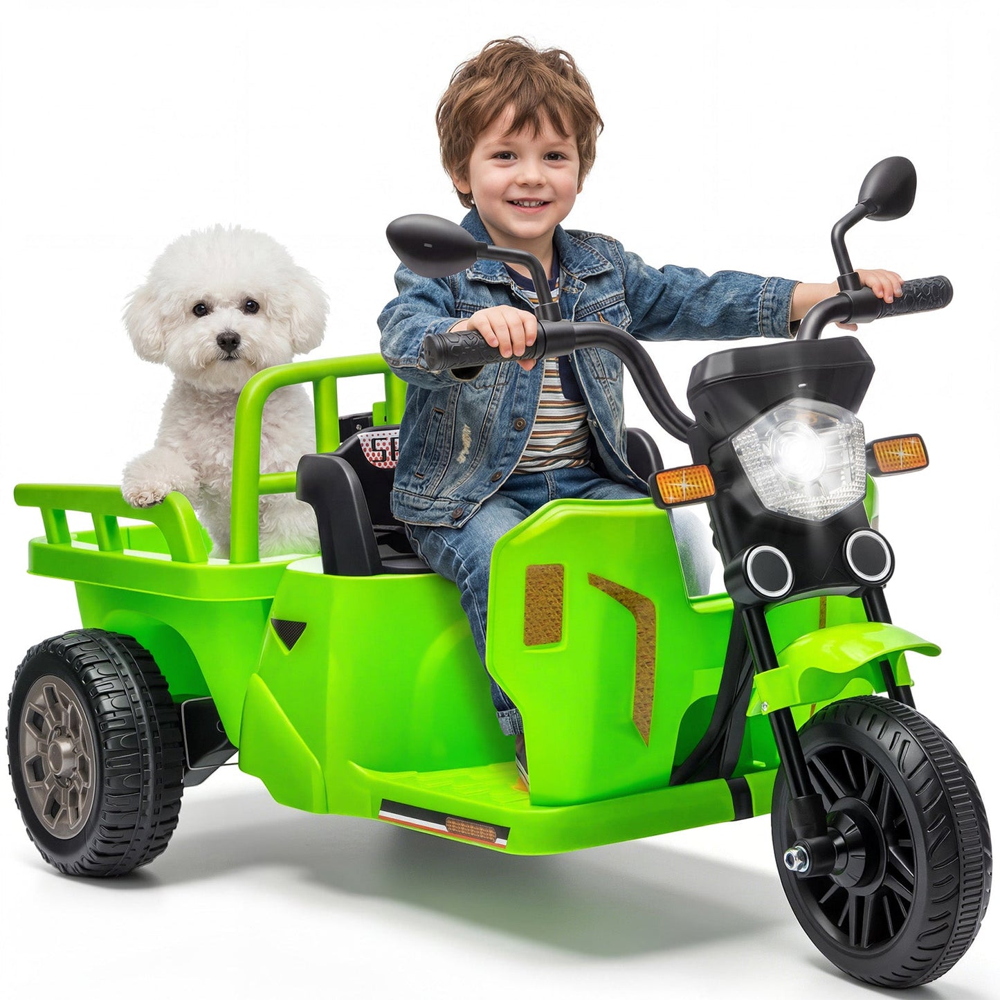 Garvee Ride P Series 3-Wheels Electric Tricycle w/Trailer, 12V Battery Powered Kids Motorcycle with Sand Shovel, 2x55W Motors, Bluetooth, Music, Headlight, Ride on Motorcycle for Kids Toddlers, Gift for Boys Girls, Green