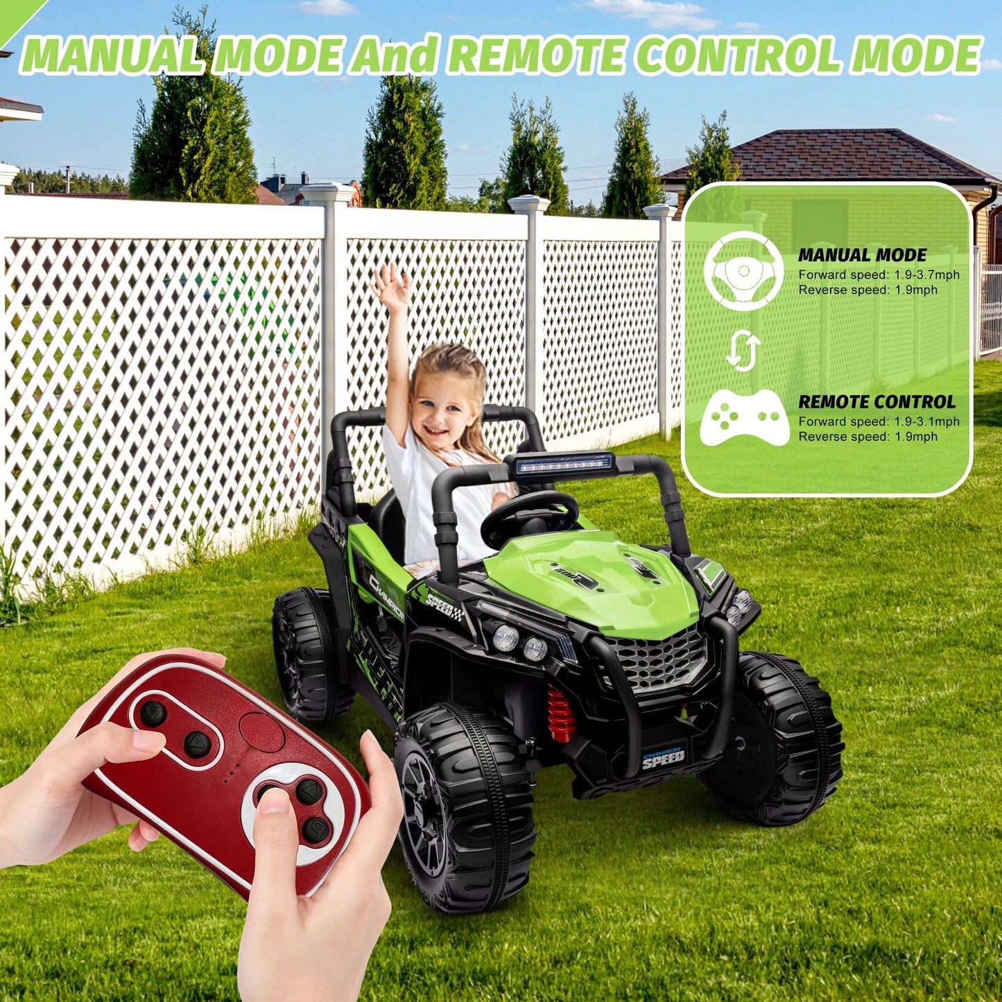 Garvee Ride - P Series: 12V Toy Electric Truck Utv with Large Wide Seat and Remote Control, Led Lights, Wireless Connection, Music, 2 Spring Suspension for 3-8 Boys & Girls
