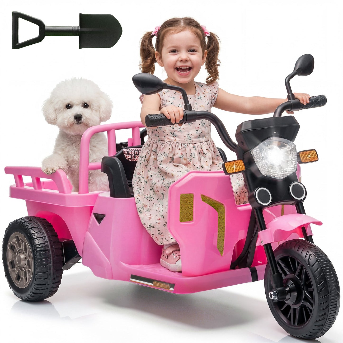 Garvee Ride P Series 3-Wheels Electric Tricycle w/Trailer, 12V Battery Powered Kids Motorcycle with Sand Shovel, 2x55W Motors, Bluetooth, Music, Headlight, Ride on Motorcycle for Kids Toddlers, Gift for Boys Girls, Pink