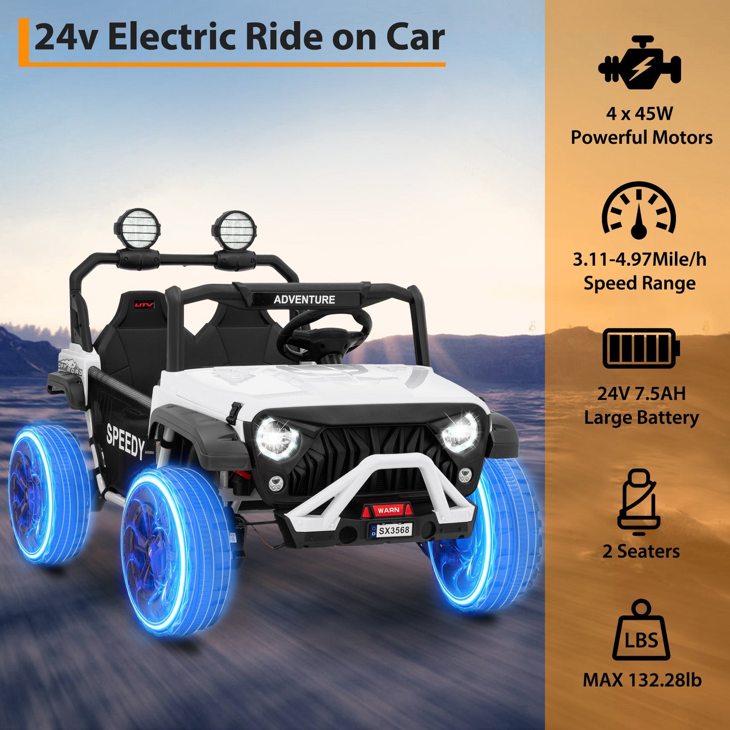 Garvee Ride P Series 24V Kids Toddler Ride On Truck 4WD 3 Speeds Large 7AH Battery Bluetooth MP3 Parent Safety Brake Red Outdoor Play - White