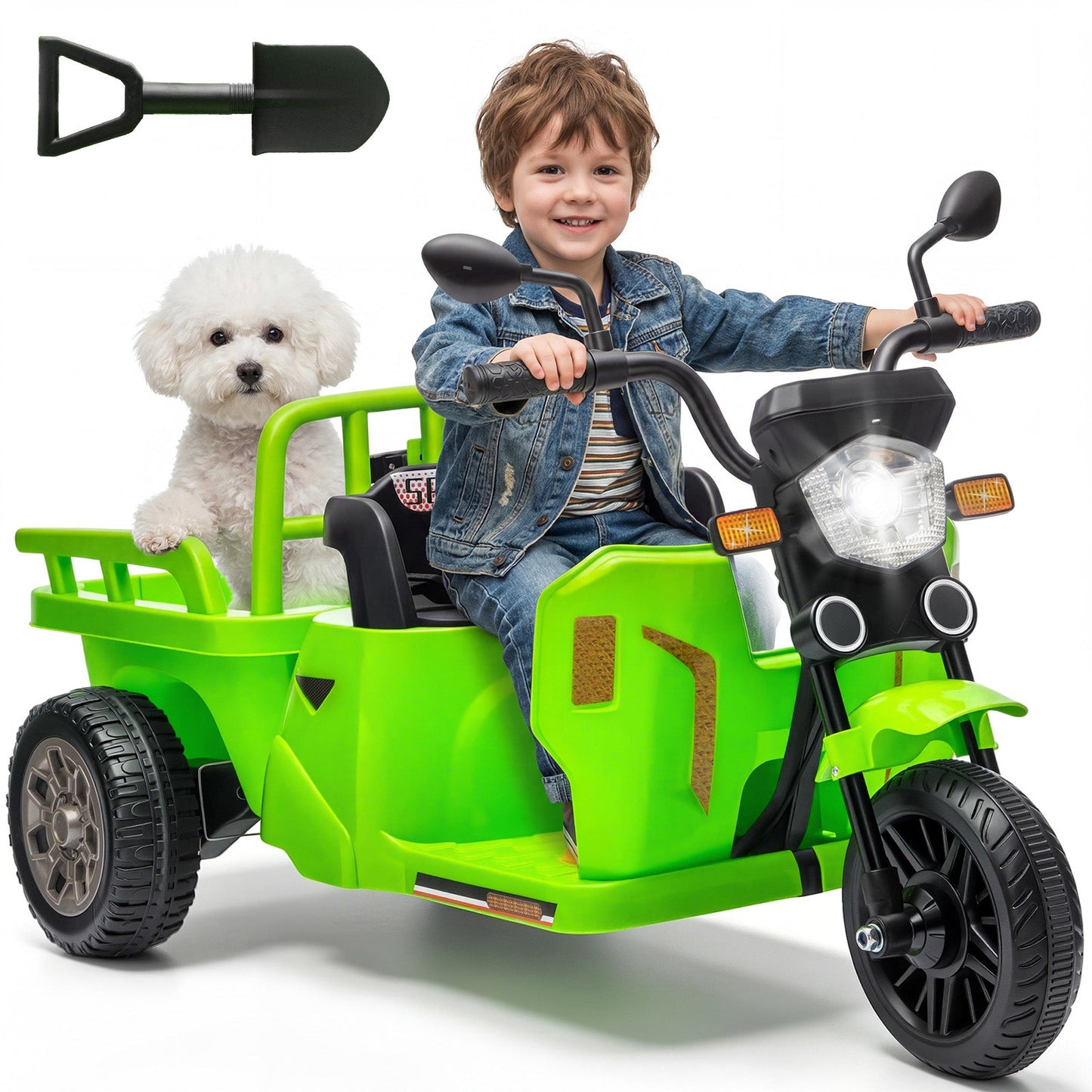 Garvee Ride P Series 3-Wheels Electric Tricycle w/Trailer, 12V Battery Powered Kids Motorcycle with Sand Shovel, 2x55W Motors, Bluetooth, Music, Headlight, Ride on Motorcycle for Kids Toddlers, Gift for Boys Girls, Green