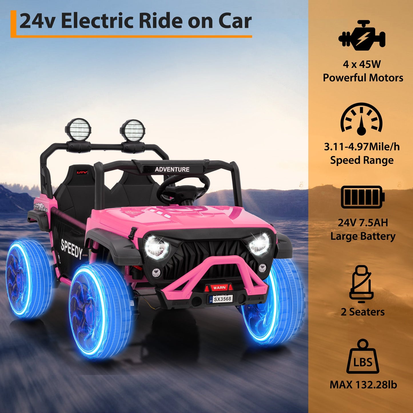 Garvee Ride P Series 24V Kids Toddler Ride On Truck 4WD 3 Speeds Large 7AH Battery Bluetooth MP3 Parent Safety Brake Red Outdoor Play - Pink