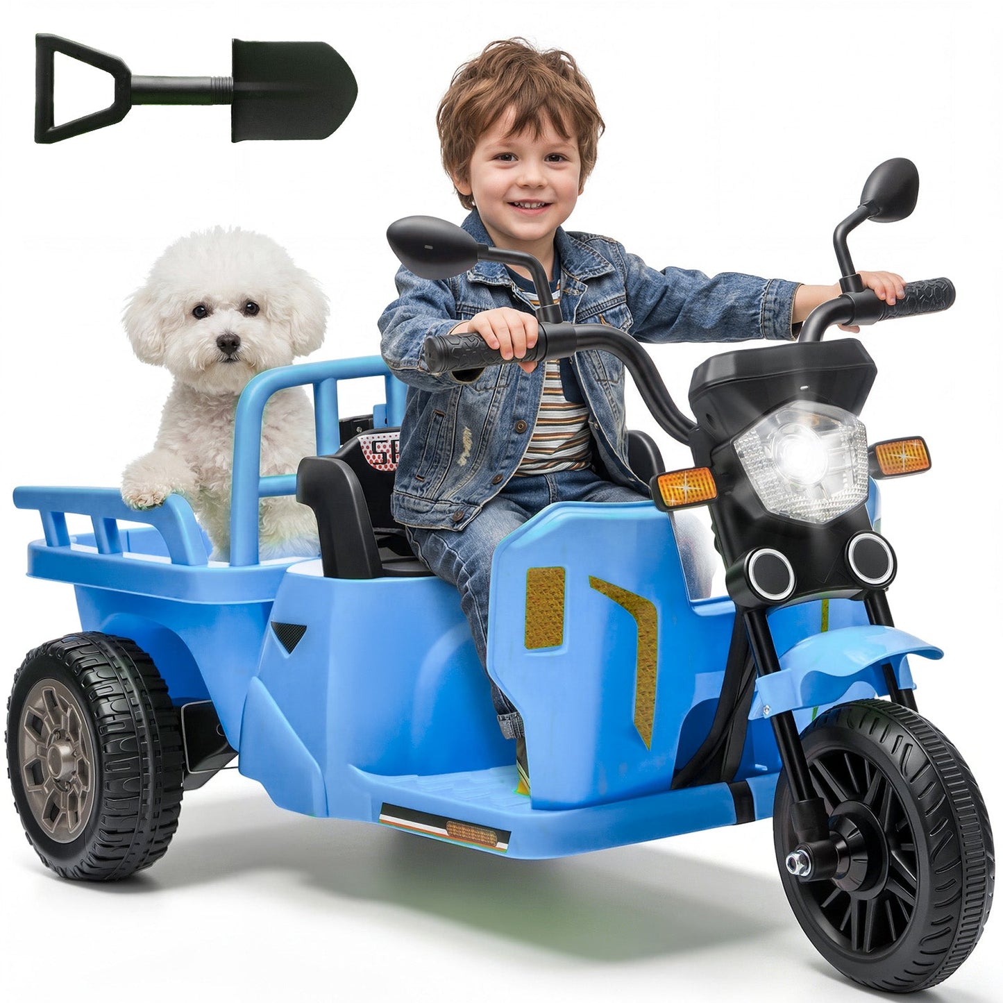 Garvee Ride P Series 3-Wheels Electric Tricycle w/Trailer, 12V Battery Powered Kids Motorcycle with Sand Shovel, 2x55W Motors, Bluetooth, Music, Headlight, Ride on Motorcycle for Kids Toddlers, Gift for Boys Girls, Light Blue