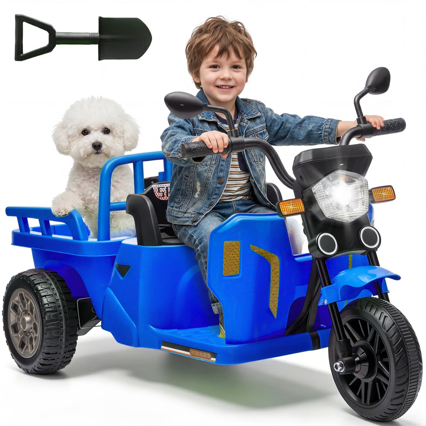 Garvee Ride P Series 3-Wheels Electric Tricycle w/Trailer, 12V Battery Powered Kids Motorcycle with Sand Shovel, 2x55W Motors, Bluetooth, Music, Headlight, Ride on Motorcycle for Kids Toddlers, Gift for Boys Girls, Dark Blue