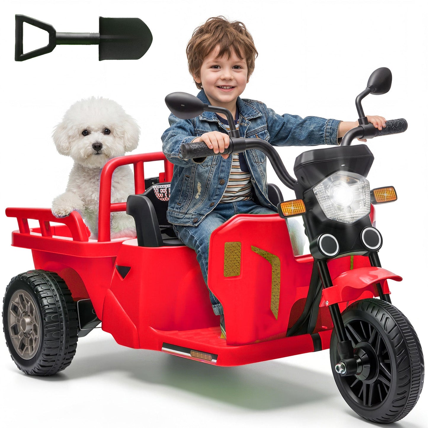 Garvee Ride P Series 3-Wheels Electric Tricycle w/Trailer, 12V Battery Powered Kids Motorcycle with Sand Shovel, 2x55W Motors, Bluetooth, Music, Headlight, Ride on Motorcycle for Kids Toddlers, Gift for Boys Girls,  Red
