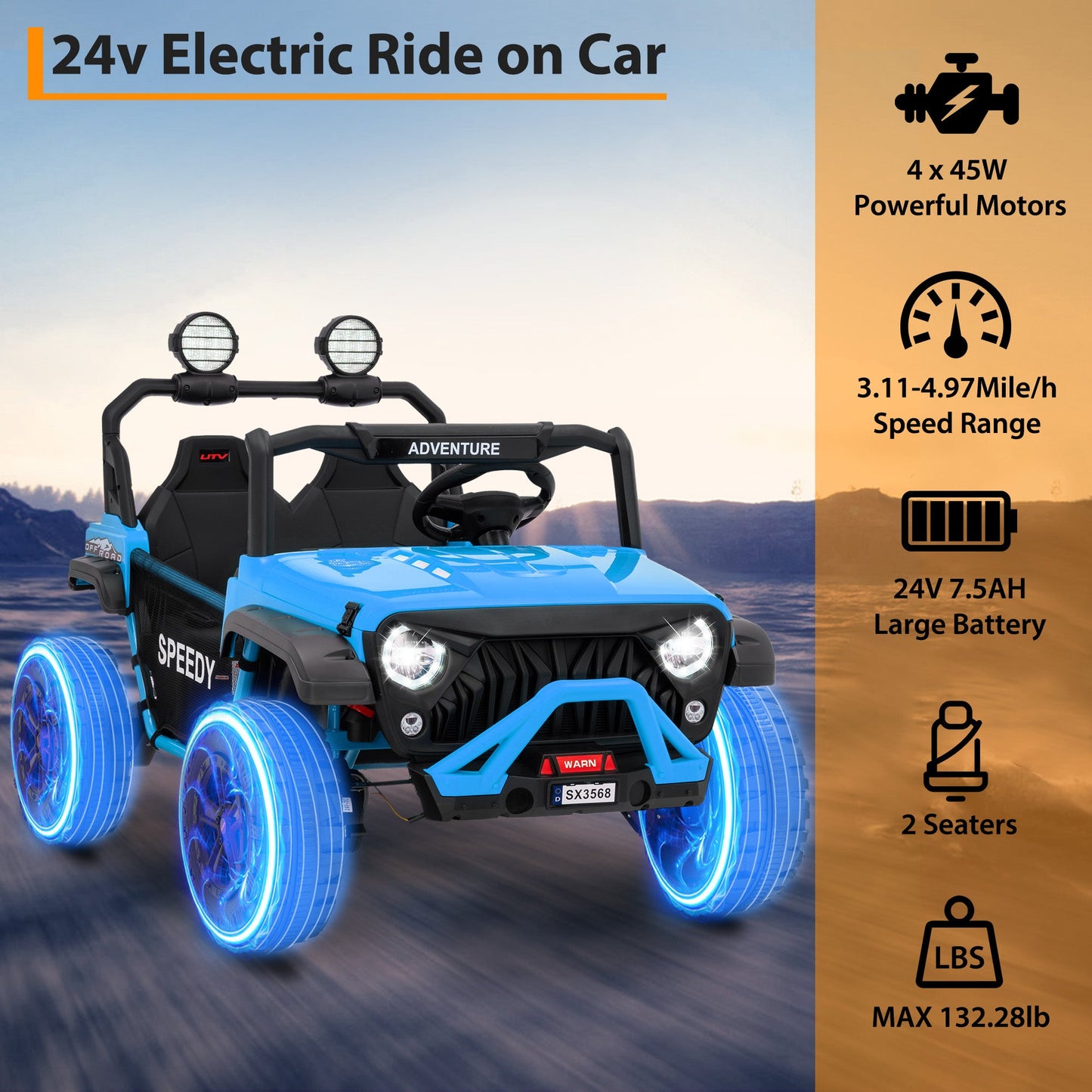 Garvee Ride P Series 24V Kids Toddler Ride On Truck 4WD 3 Speeds Large 7AH Battery Bluetooth MP3 Parent Safety Brake Red Outdoor Play - Blue