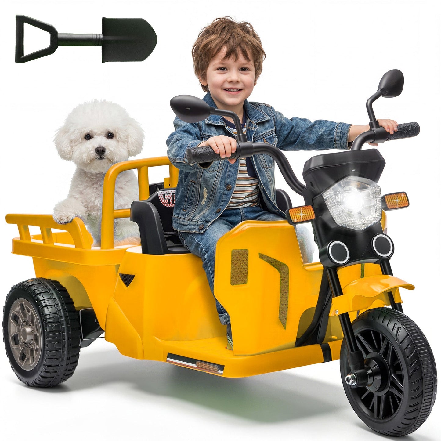 Garvee Ride P Series 3-Wheels Electric Tricycle w/Trailer, 12V Battery Powered Kids Motorcycle with Sand Shovel, 2x55W Motors, Bluetooth, Music, Headlight, Ride on Motorcycle for Kids Toddlers, Gift for Boys Girls, Yellow