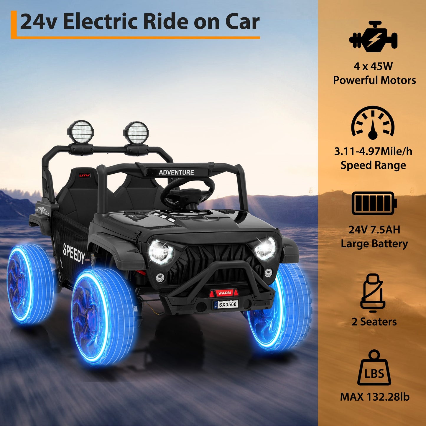 Garvee Ride P Series 24V Kids Toddler Ride On Truck 4WD 3 Speeds Large 7AH Battery Bluetooth MP3 Parent Safety Brake Red Outdoor Play - Black