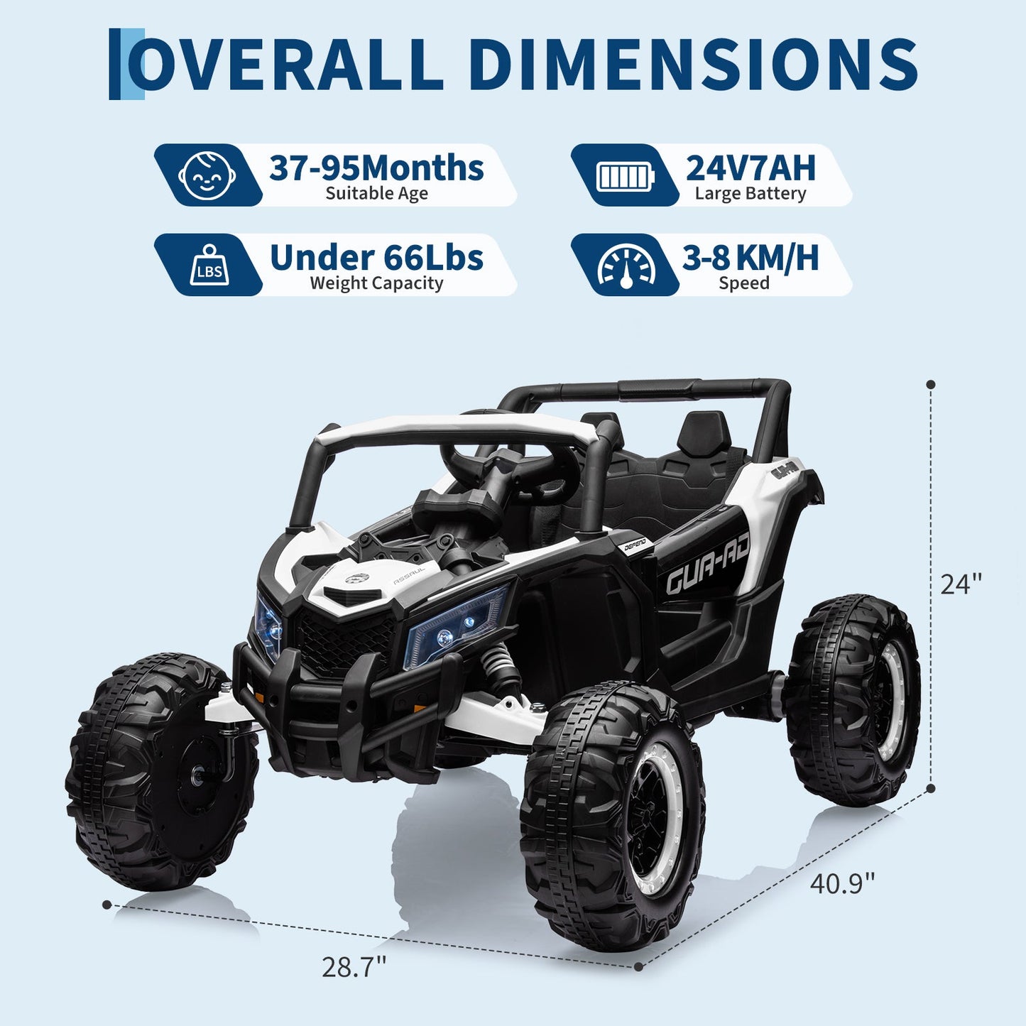Garvee Ride - P Series: 24V Ride-On UTV, 200W Motor, Remote Control, Spring Suspension, Music, LED Lights, Electric Car for Boys Girls, Outdoor Adventure Toy White