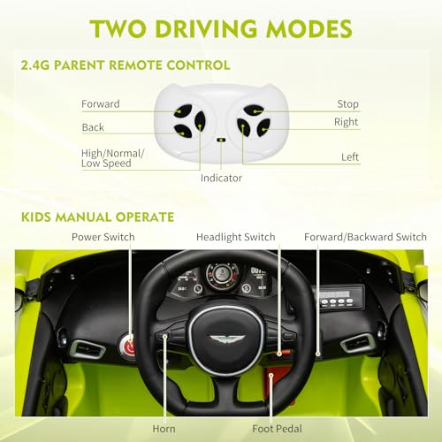 Garvee Ride - P Series: 12V Ride on Sports Car for Kids Licensed Aston Martin Battery Powered Car Toddles Ride on Toy with Remote Control, Horn, Soft Start, LED Lights, Music, USB, Electric Vehicle for Boys Girls (Green)