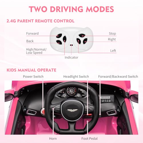 Garvee Ride - P Series: 12V Ride on Sports Car for Kids Licensed Aston Martin Battery Powered Car Toddles Ride on Toy with Remote Control, Horn, Soft Start, LED Lights, Music, USB, Electric Vehicle for Boys Girls (Pink)