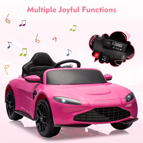 Garvee Ride - P Series: 12V Ride on Sports Car for Kids Licensed Aston Martin Battery Powered Car Toddles Ride on Toy with Remote Control, Horn, Soft Start, LED Lights, Music, USB, Electric Vehicle for Boys Girls (Pink)