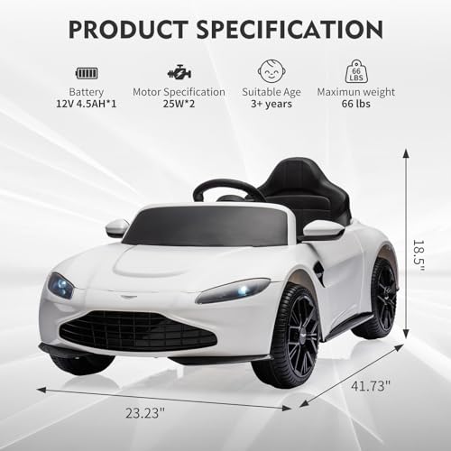 Garvee Ride - P Series: 12V Ride on Sports Car for Kids Licensed Aston Martin Battery Powered Car Toddles Ride on Toy with Remote Control, Horn, Soft Start, LED Lights, Music, USB, Electric Vehicle for Boys Girls (White)
