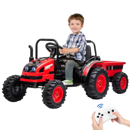 Garvee Ride - P Series: 12V Electric Ride-On Tractor for Kids with Trailer, Remote Control, Music, LED Lights, and Rear Wheel Suspension - Battery Powered Toy Vehicle - Red
