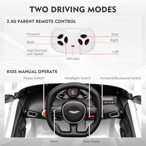 Garvee Ride - P Series: 12V Ride on Sports Car for Kids Licensed Aston Martin Battery Powered Car Toddles Ride on Toy with Remote Control, Horn, Soft Start, LED Lights, Music, USB, Electric Vehicle for Boys Girls (White)